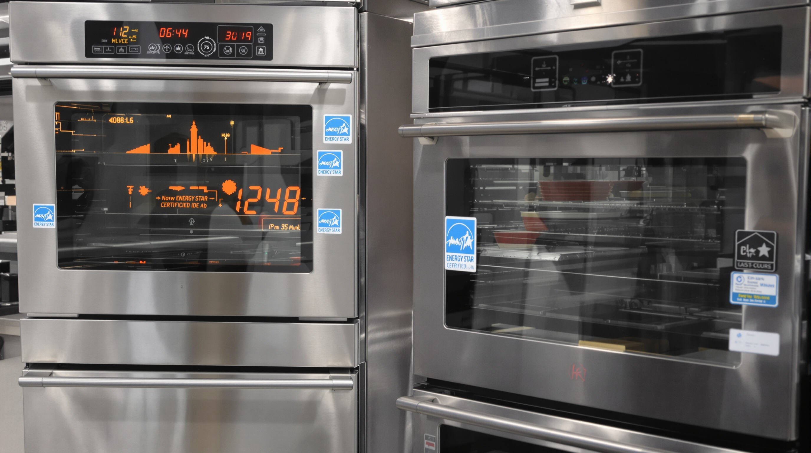 Chef and inspector checking certified low-emission cooking appliances in a modern commercial kitchen