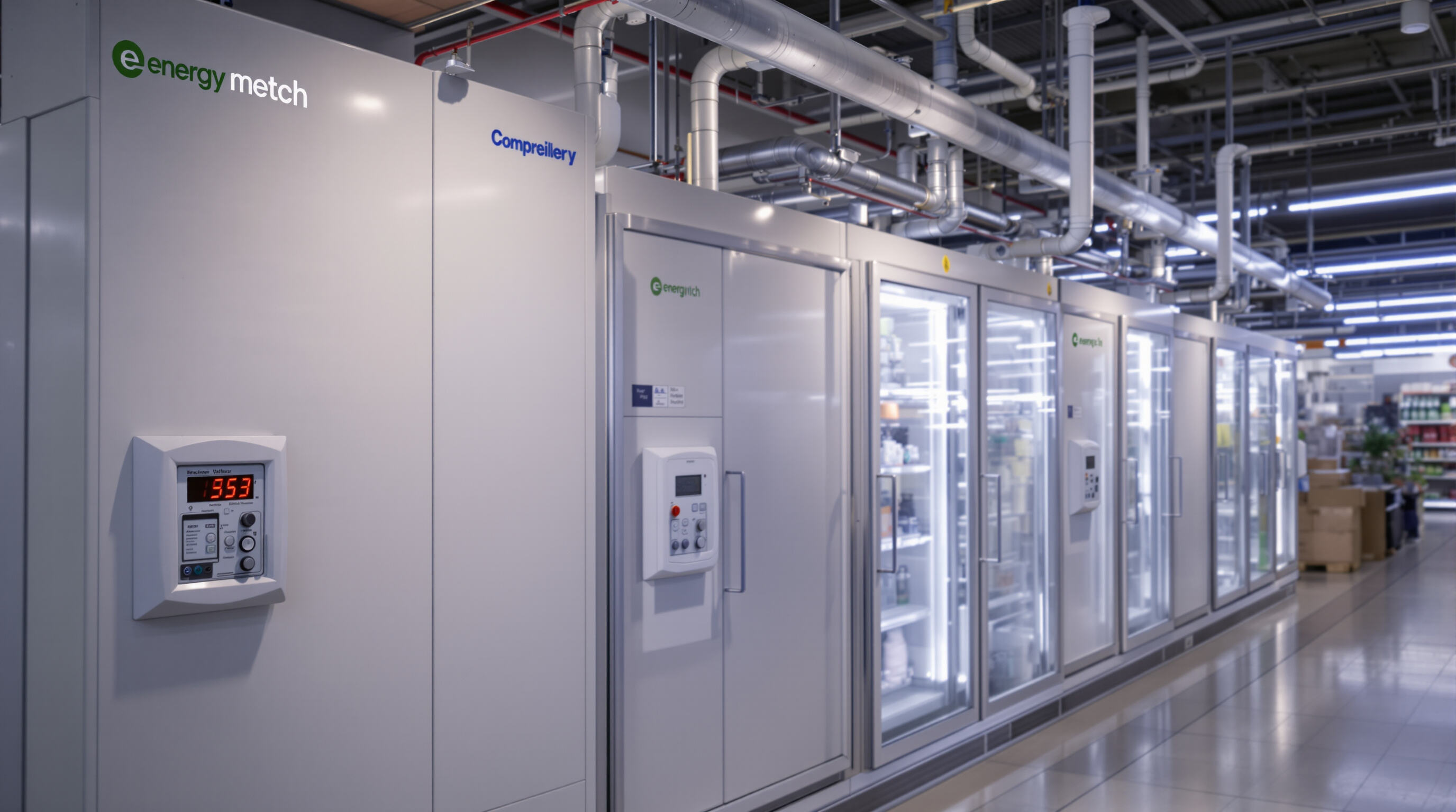 Supermarket refrigeration systems with energy meters and compressors, illustrating peak hour energy management