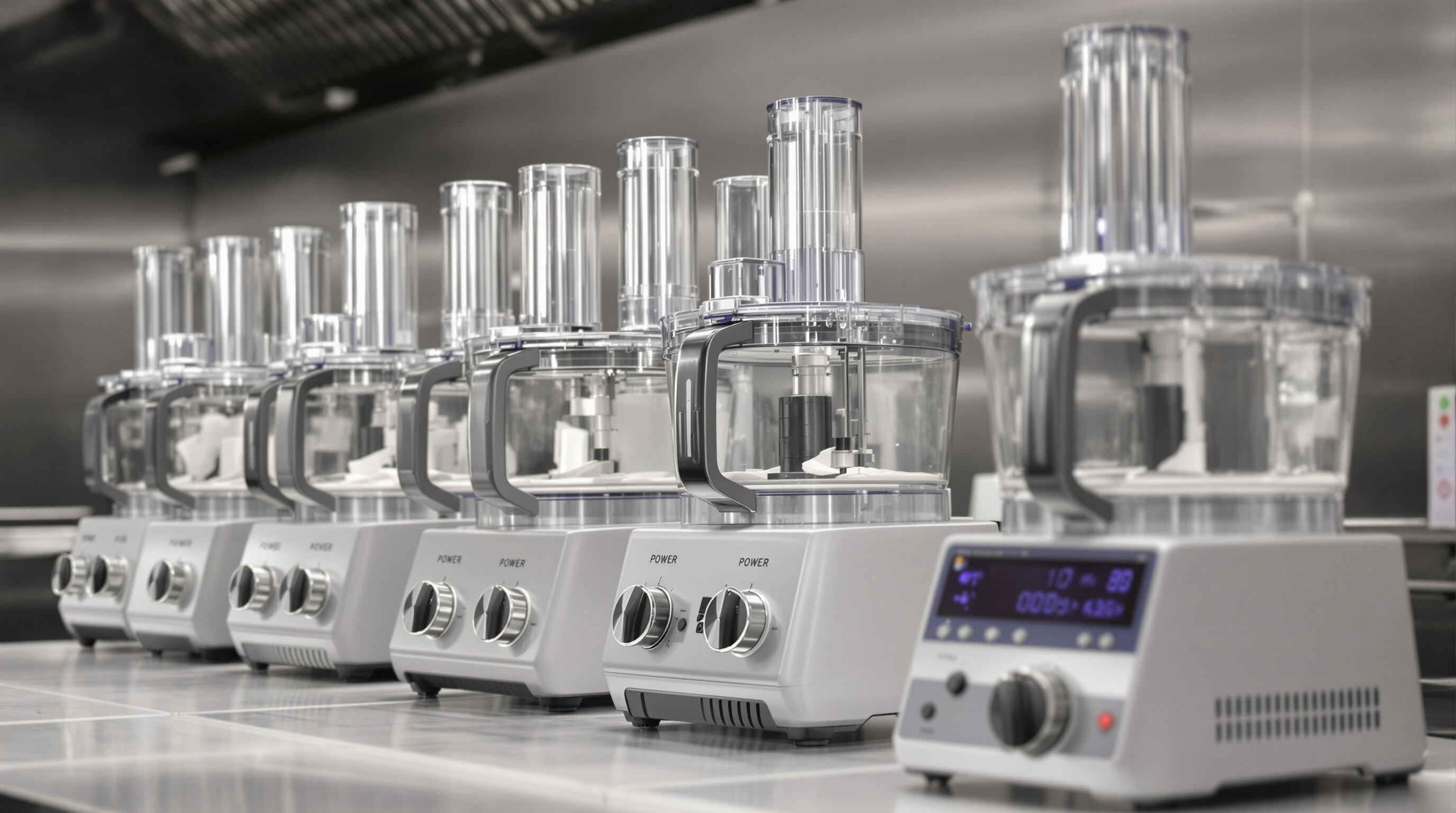 Array of commercial food processors in a kitchen, highlighting motor power and build differences