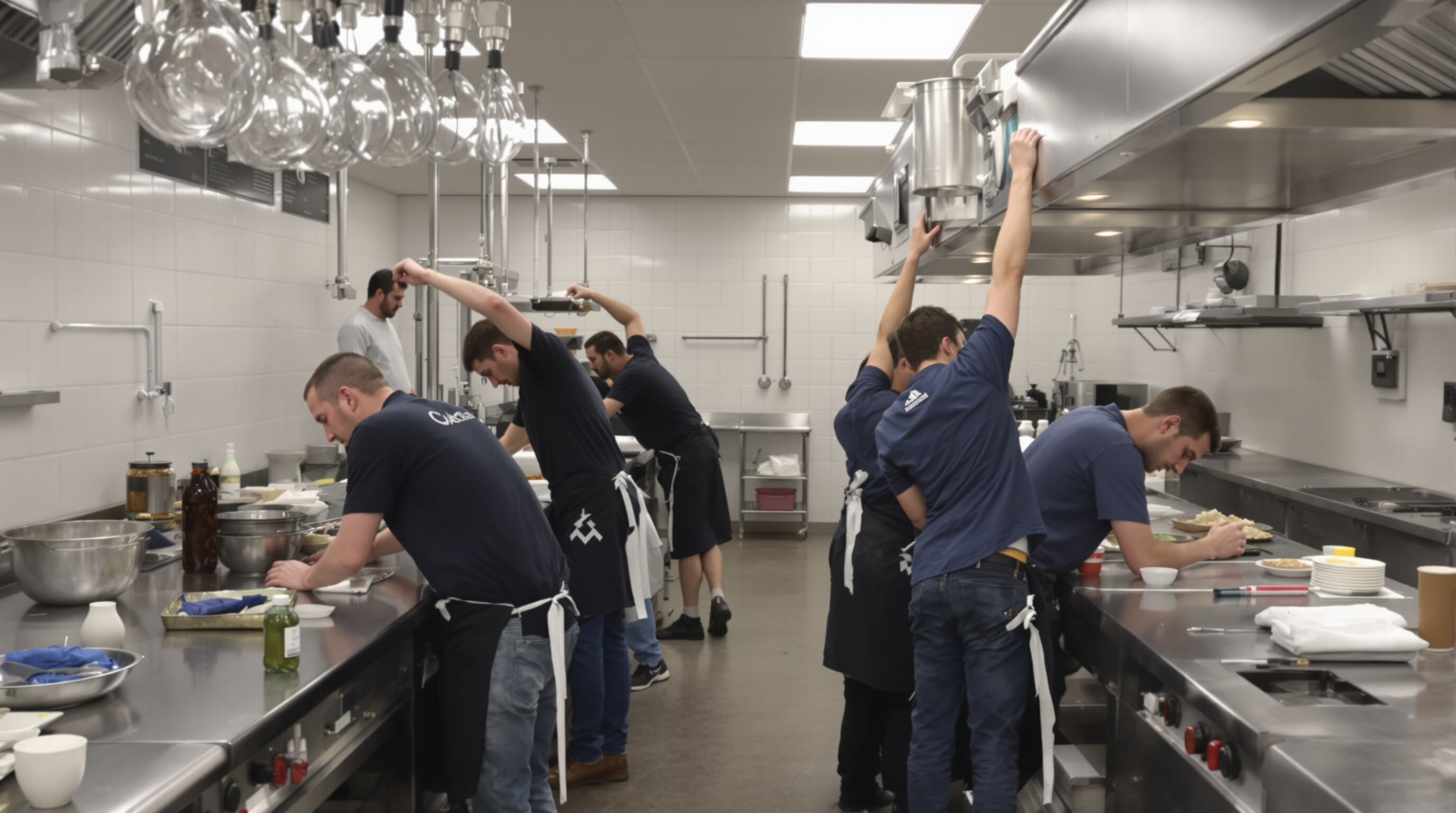 Chefs and kitchen staff in a commercial kitchen, working at counters of different heights, with body postures showing discomfort and fatigue