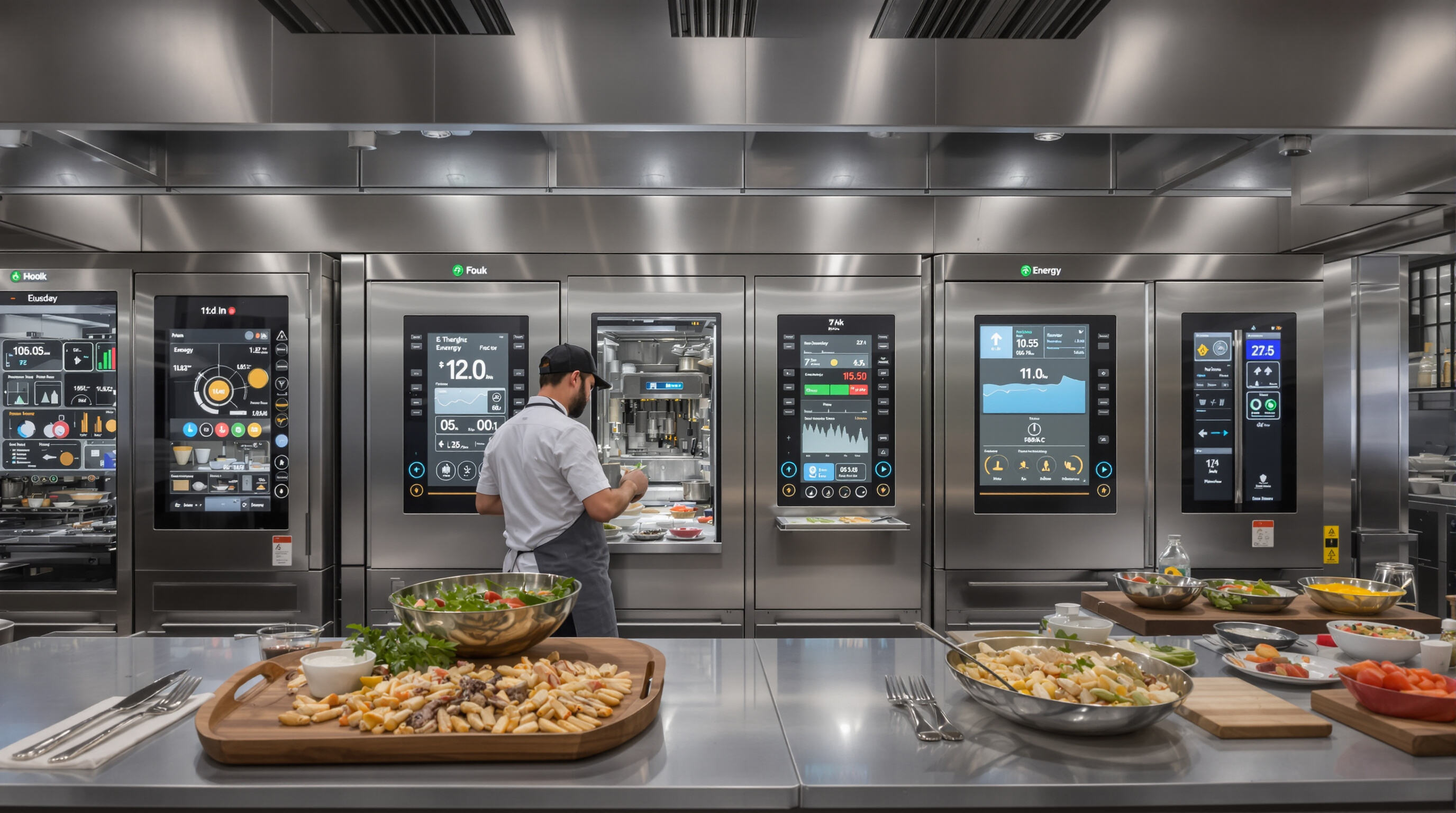 Modern commercial kitchen with smart appliances and chefs using IoT-integrated cooking equipment