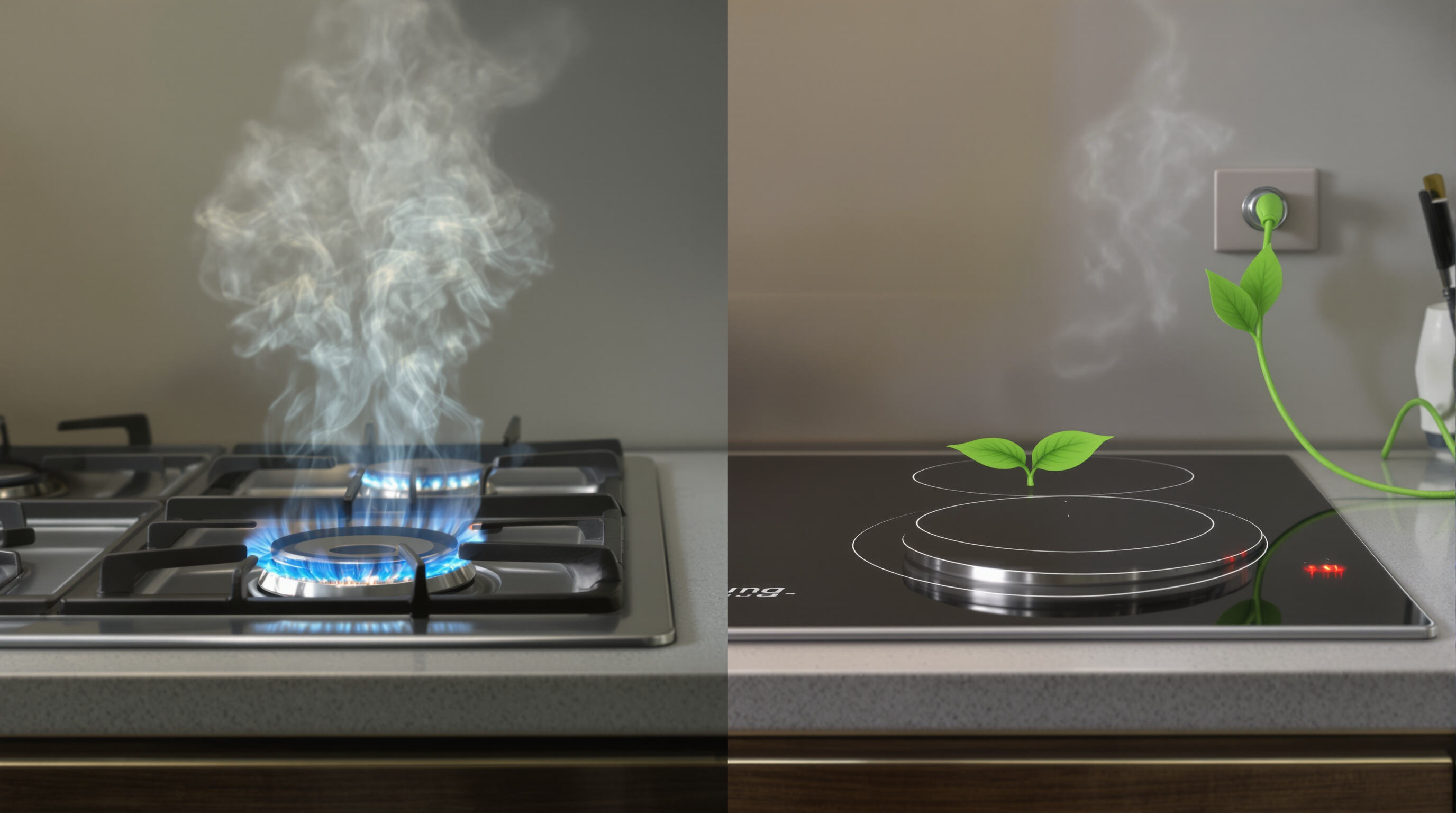 Two kitchen stations comparing gas and induction cooking, highlighting clean energy and reduced emissions