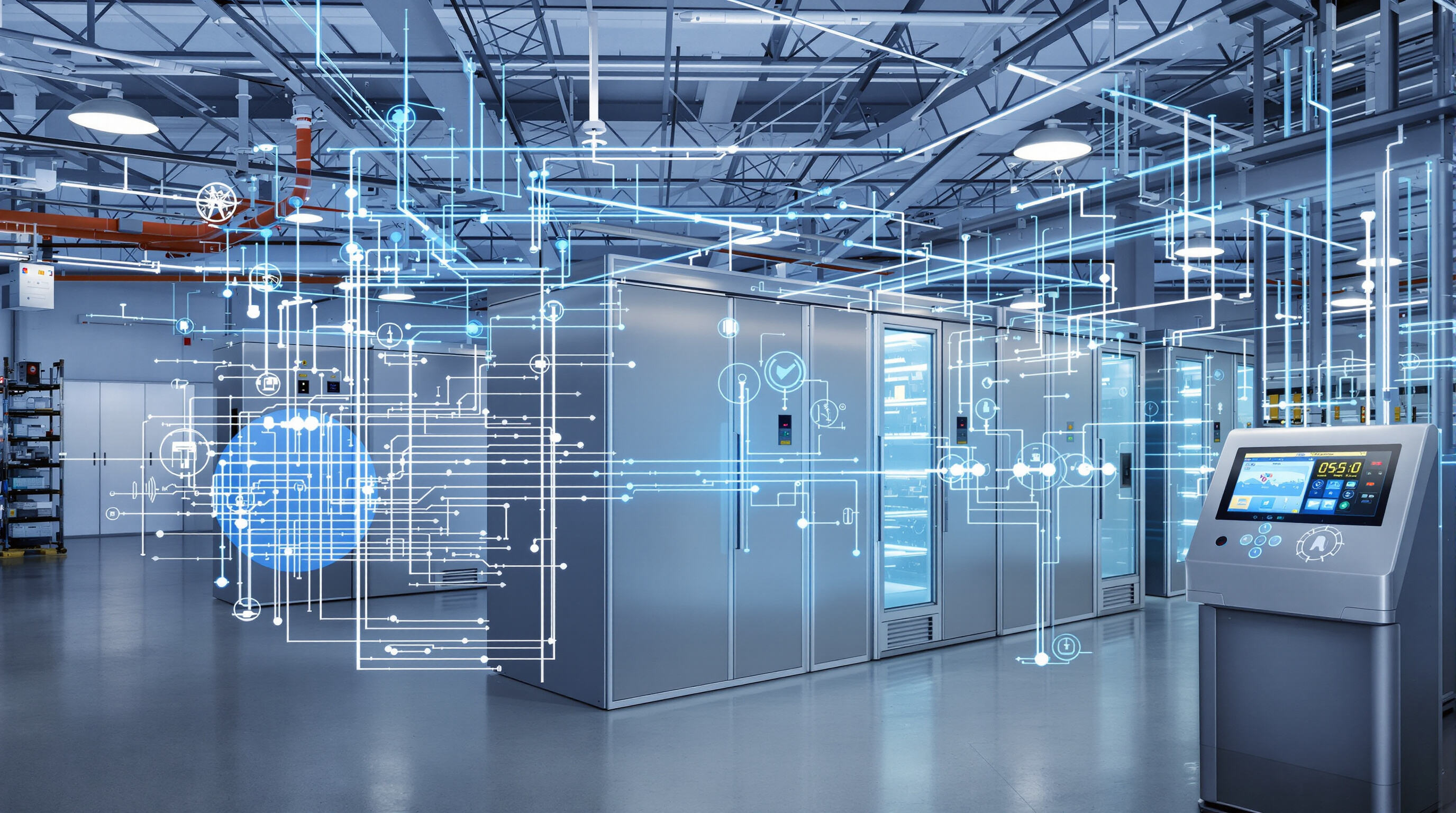 Smart refrigeration units in a warehouse, connected by IoT sensors to a central monitoring station