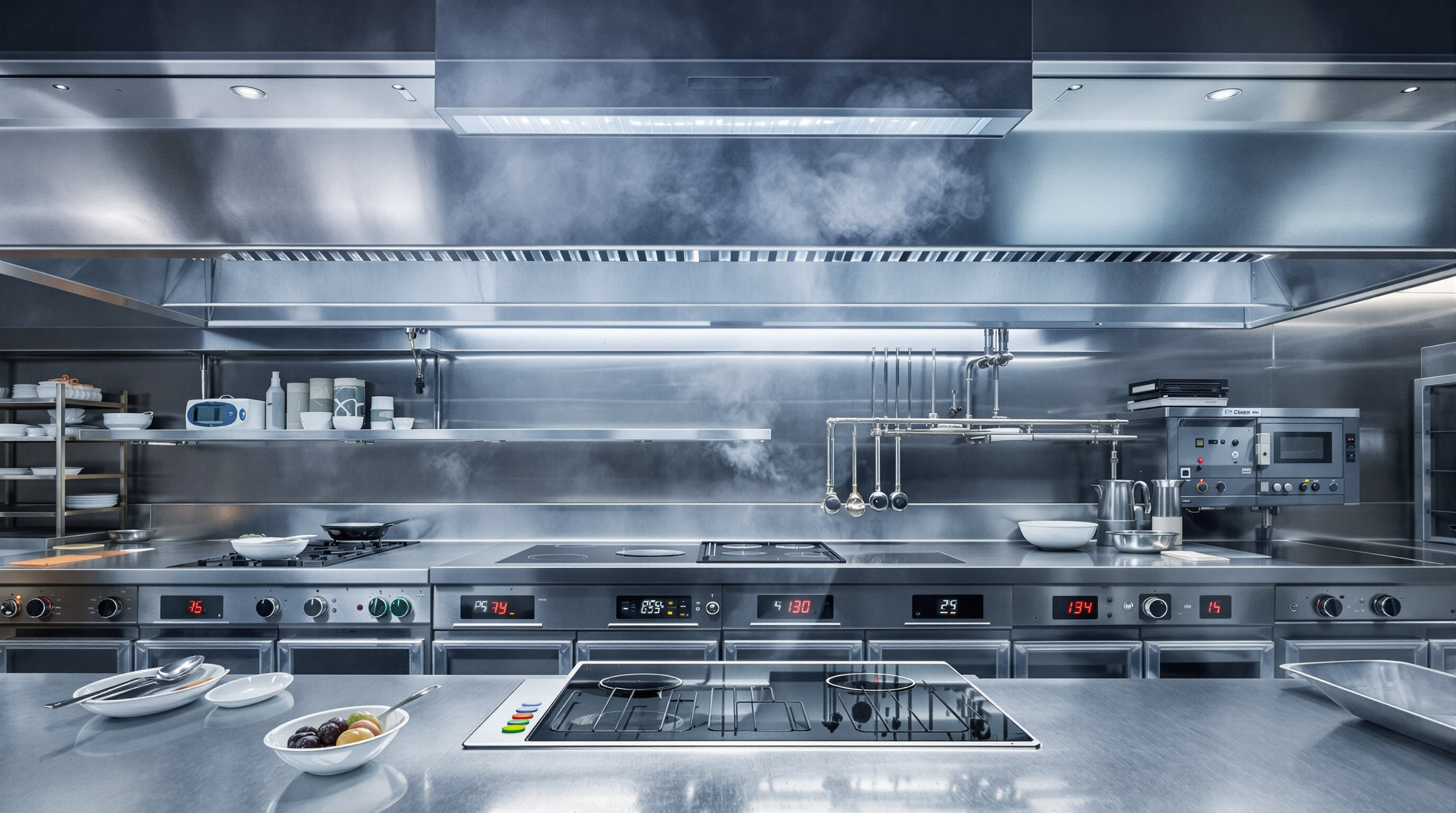 Modern commercial kitchen featuring induction stovetops and advanced ventilation for indoor air quality