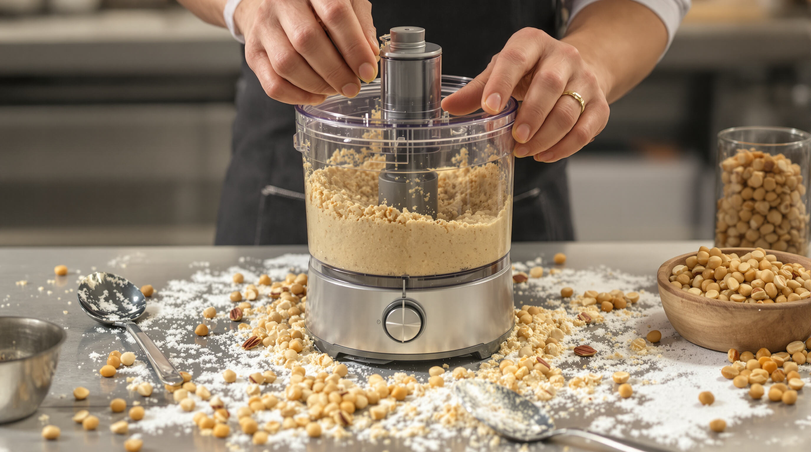 High-torque food processor kneading dough and grinding nuts in a busy plant-based kitchen