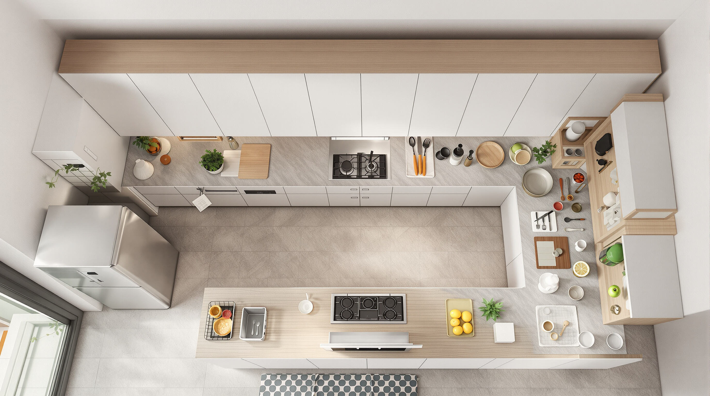 Overhead photo of a modern L-shaped kitchen illustrating efficient workflow zones