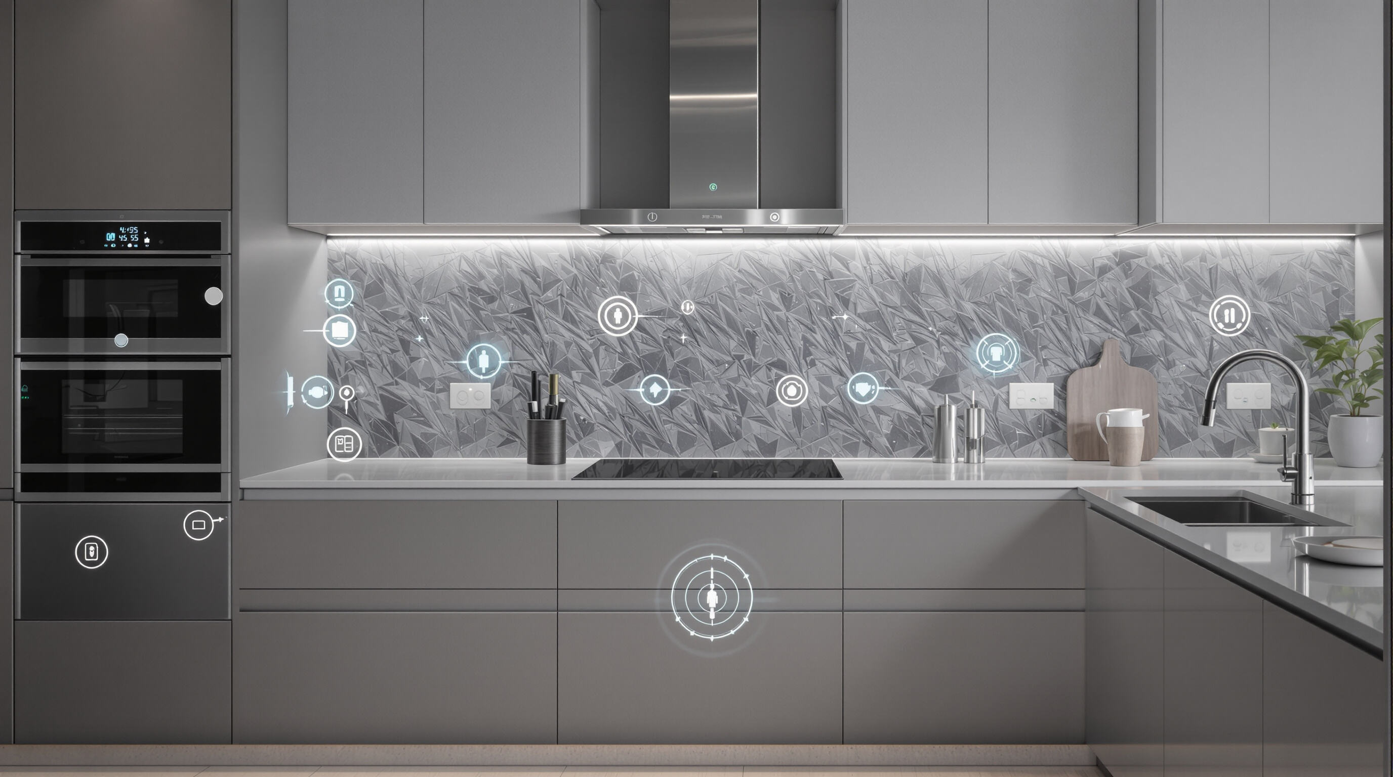 Photo of a smart modular kitchen with sensors and monitoring devices on appliances and water fixtures