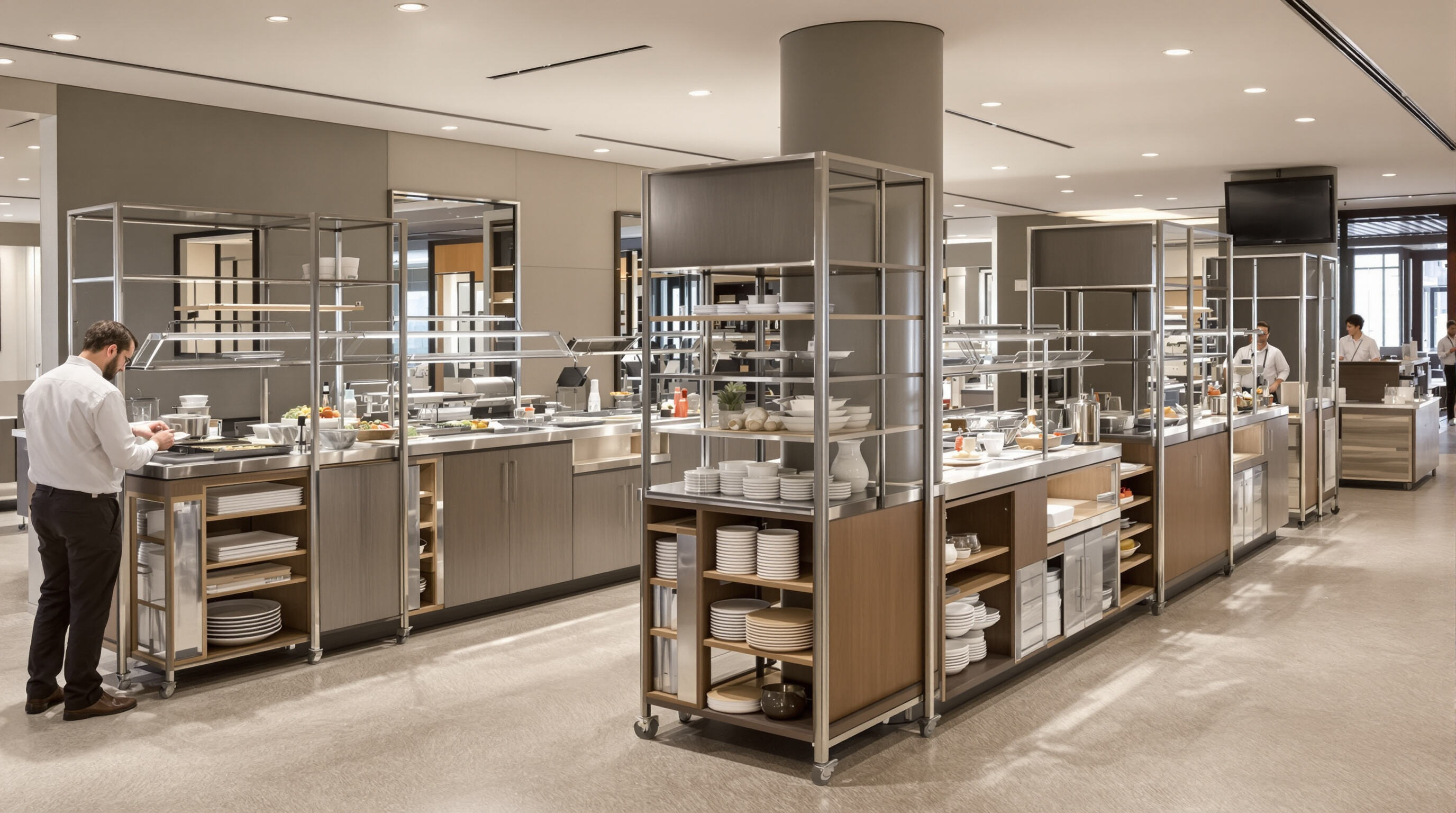 Staff adjusting modular buffet counters and stacking storage shelves in a hotel dining area.