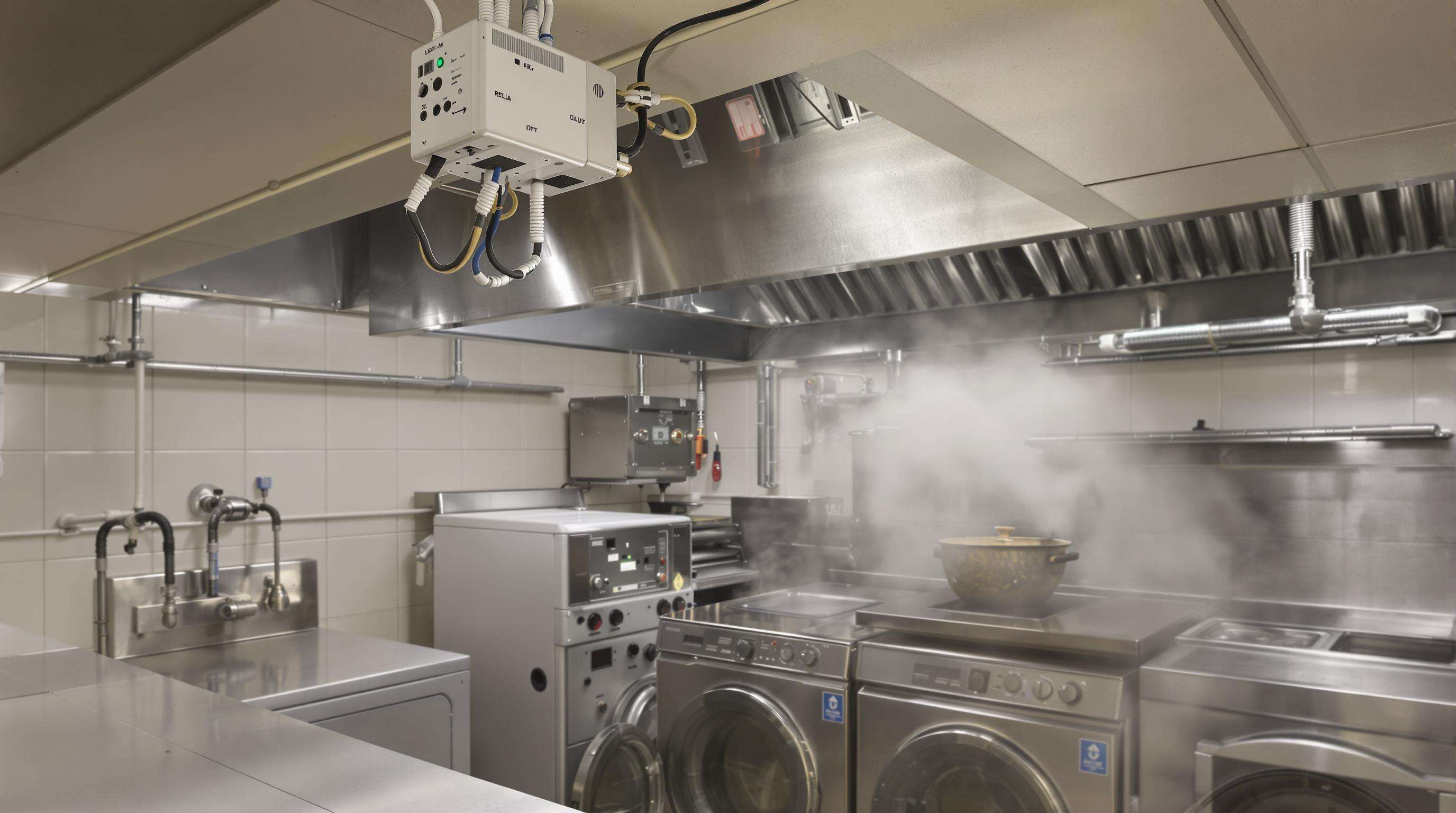 Hotel kitchen and laundry area with relay output sensor on ceiling monitoring high-risk zones