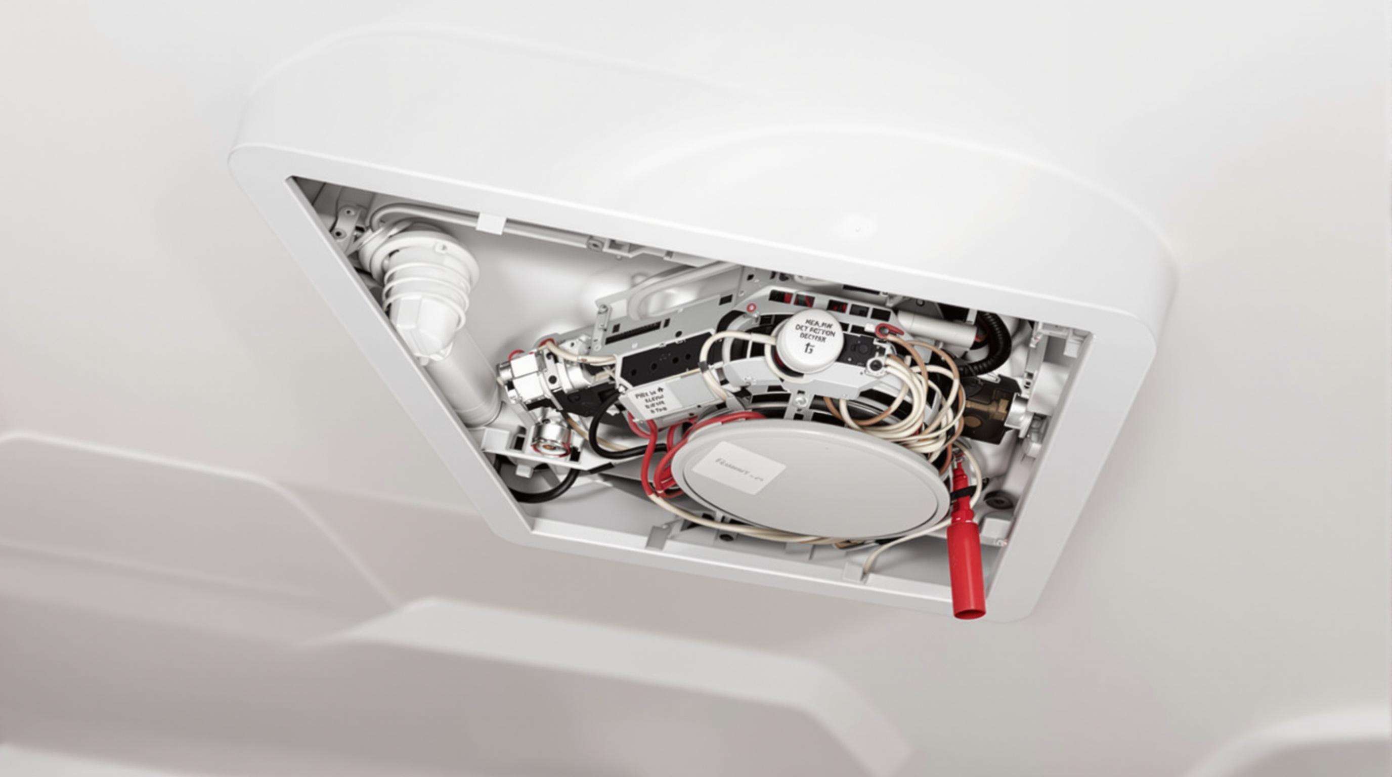 Modern relay output heat detector with visible wiring inside hotel ceiling panel near HVAC and fire suppression systems