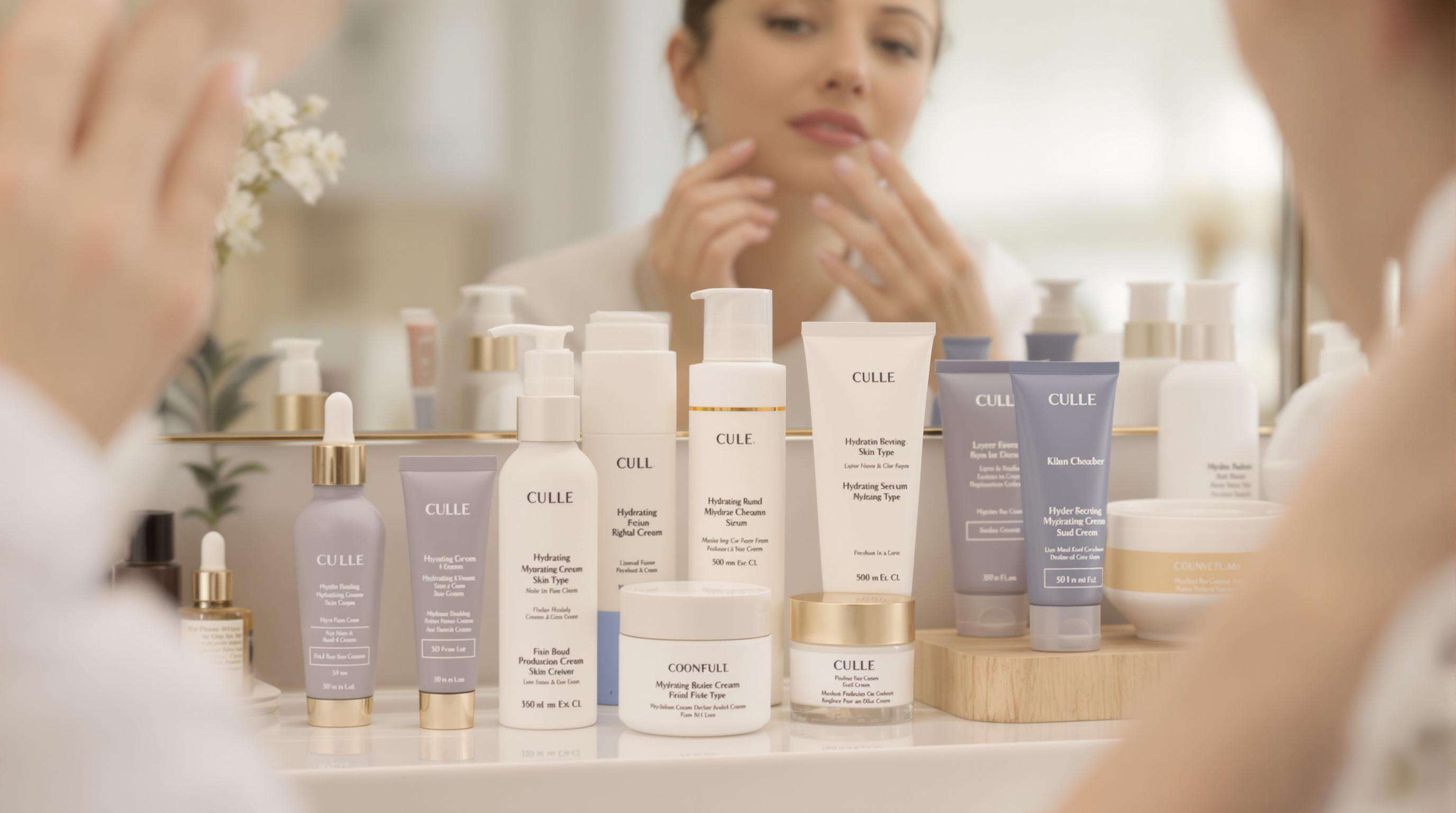 Person layering serum, moisturizer, and sunscreen before makeup on a bathroom vanity