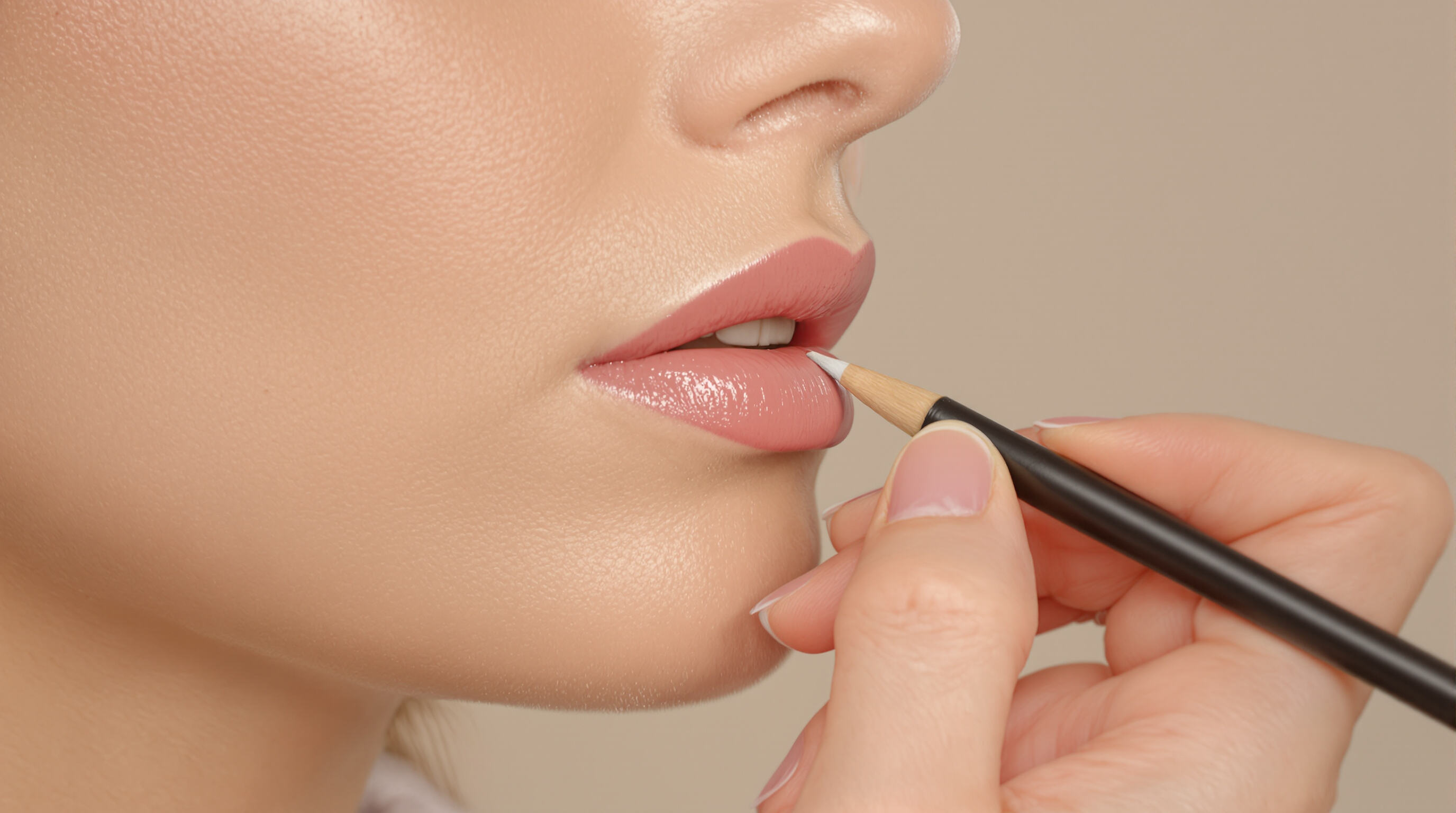 A realistic close-up photo of a lip liner being carefully applied to a woman's lips to define their shape.