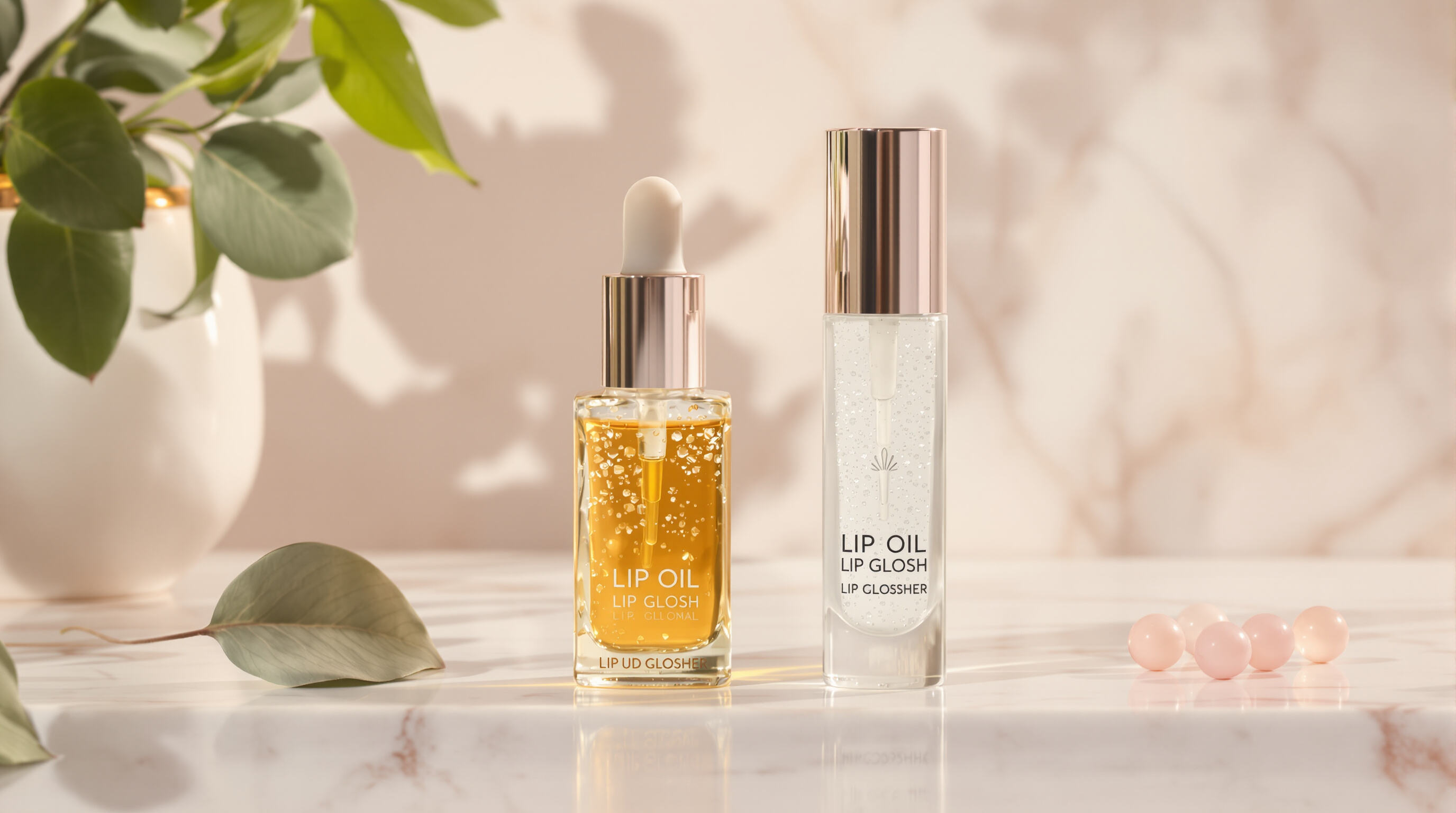 A close-up of lip oil and lip gloss containers on a marble countertop, showing differences in texture and appearance.