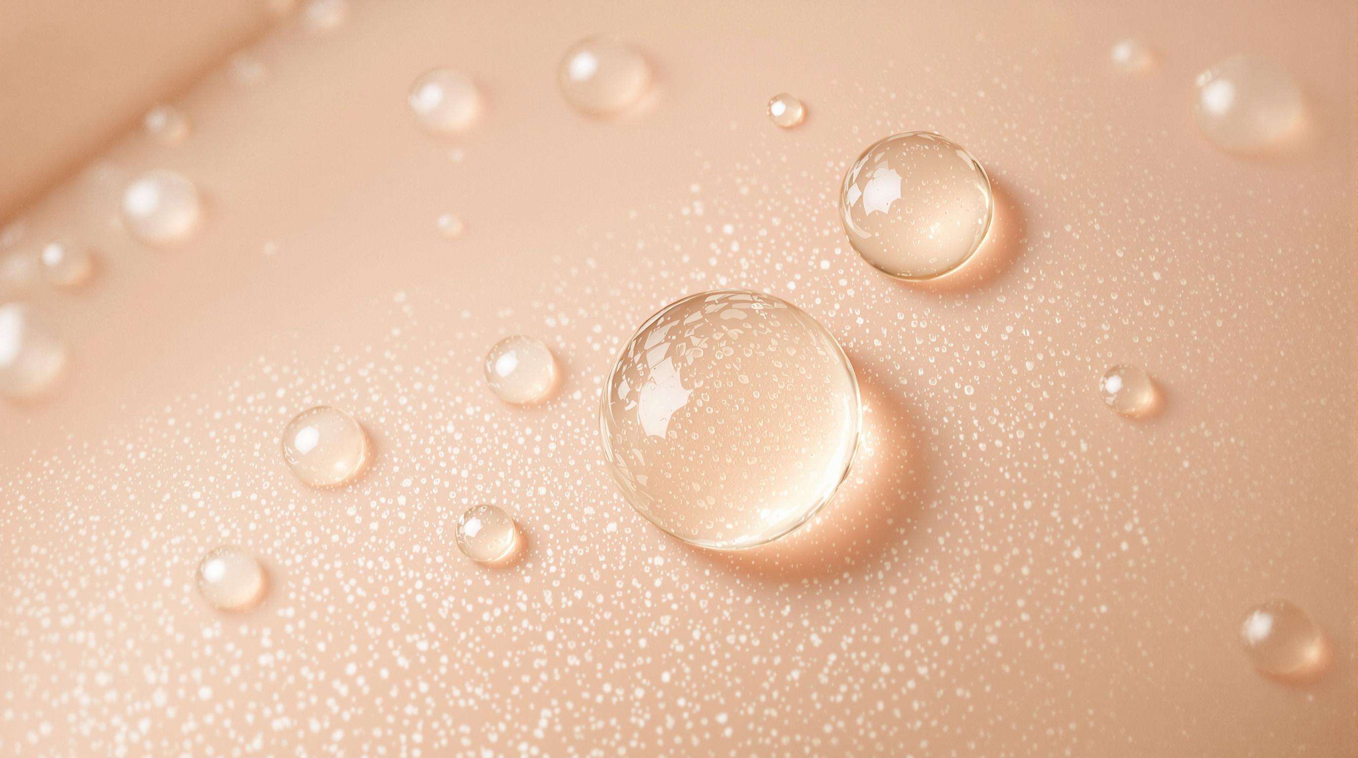 Close-up of healthy skin with cosmetic serum droplets and translucent bubbles illustrating key skincare ingredients