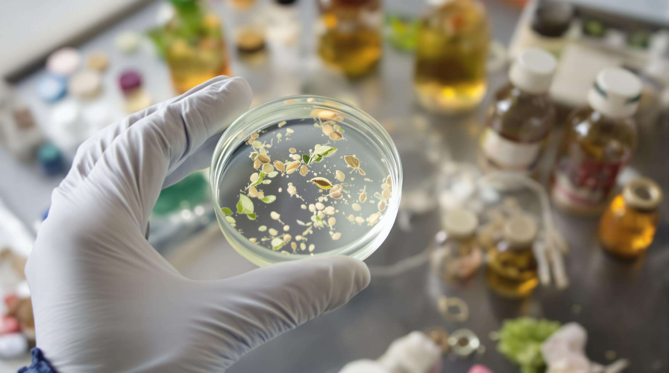 A gloved hand examining a botanical sample in a modern skincare lab, emphasizing innovation and ingredient transparency.