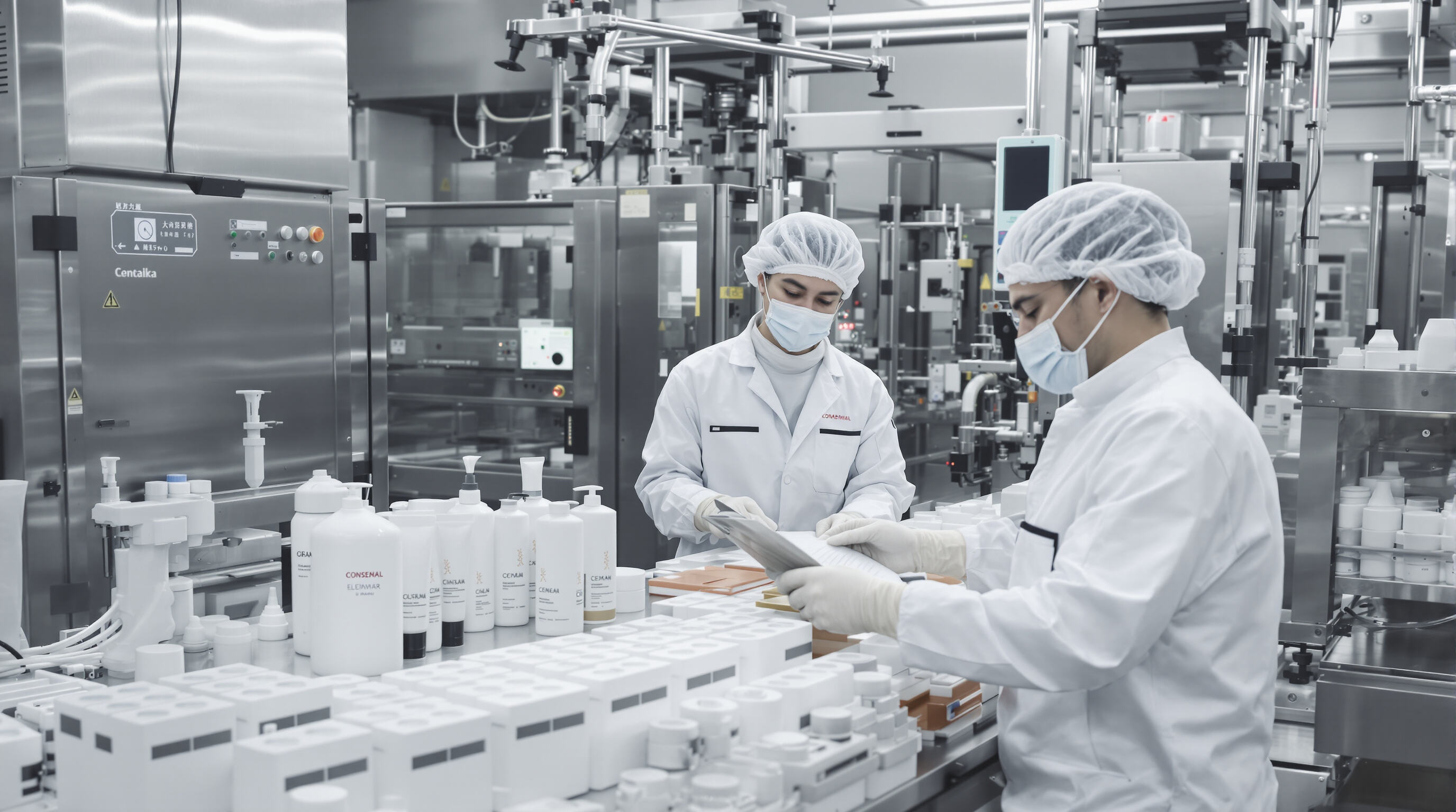 Technicians conducting quality checks in a modern cosmetic manufacturing cleanroom