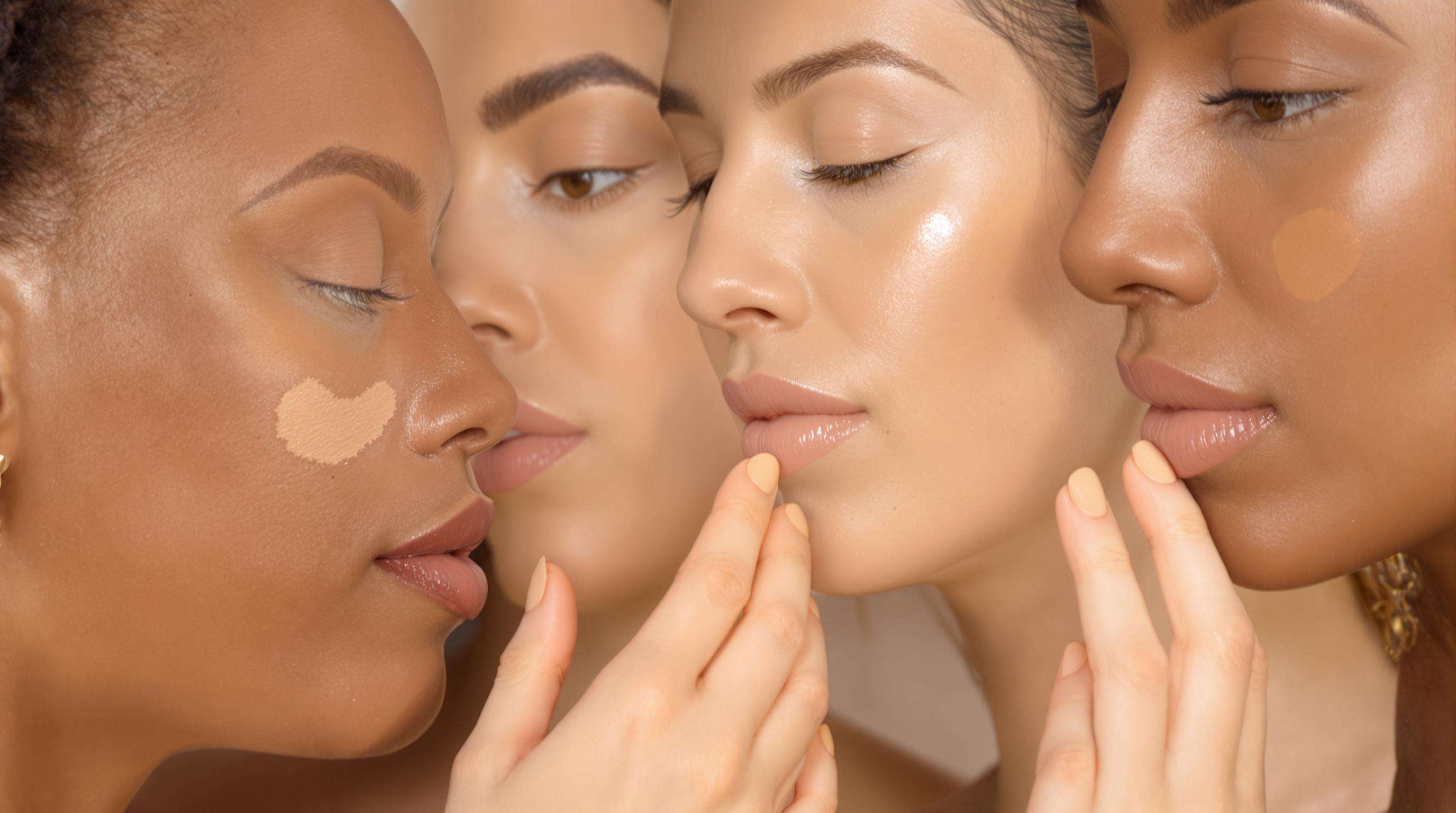 Photorealistic image showing women of different skin tones swatching foundation shades on their jawlines