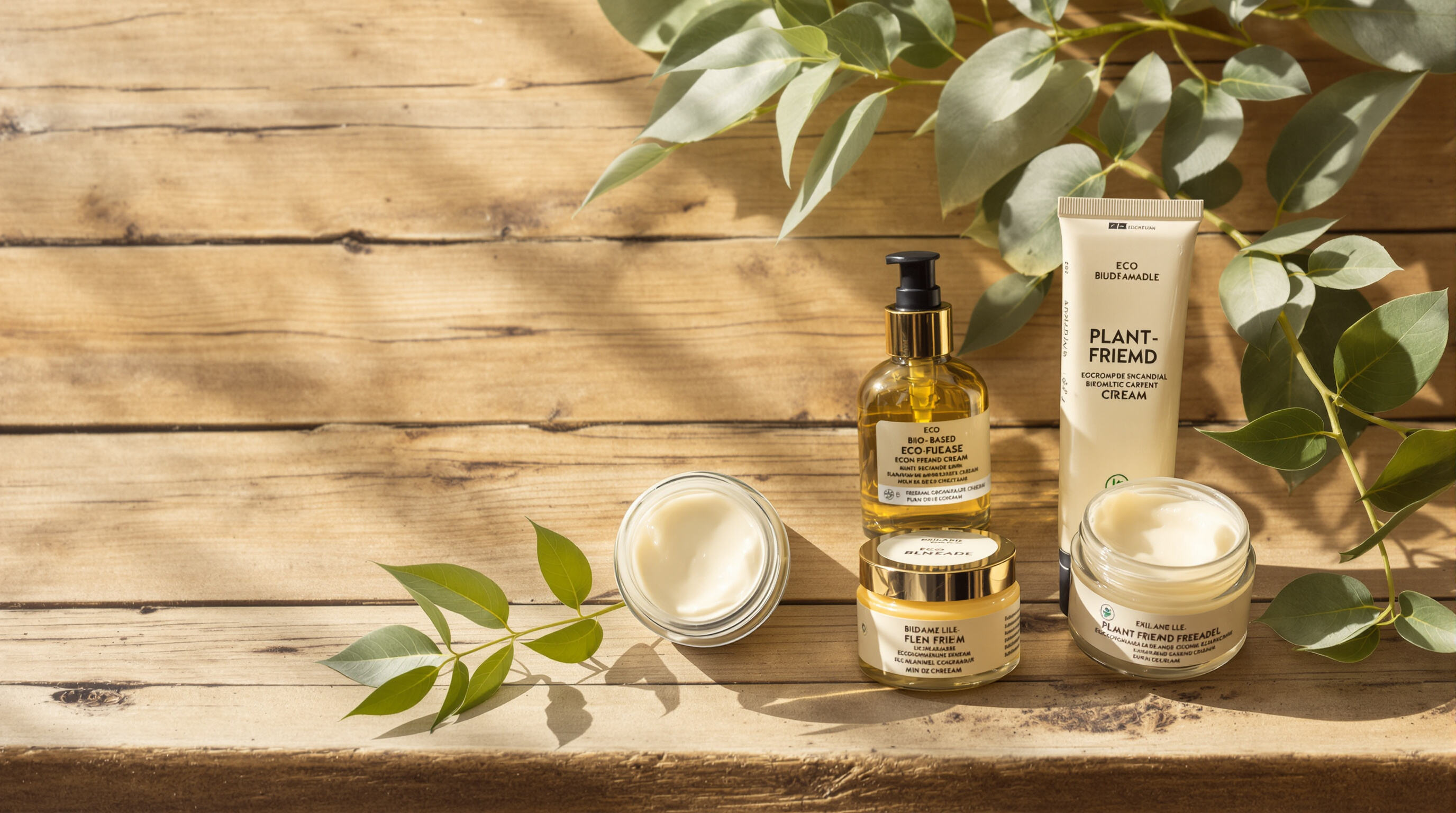 Eco-friendly cosmetic products in biodegradable packaging with natural plant elements