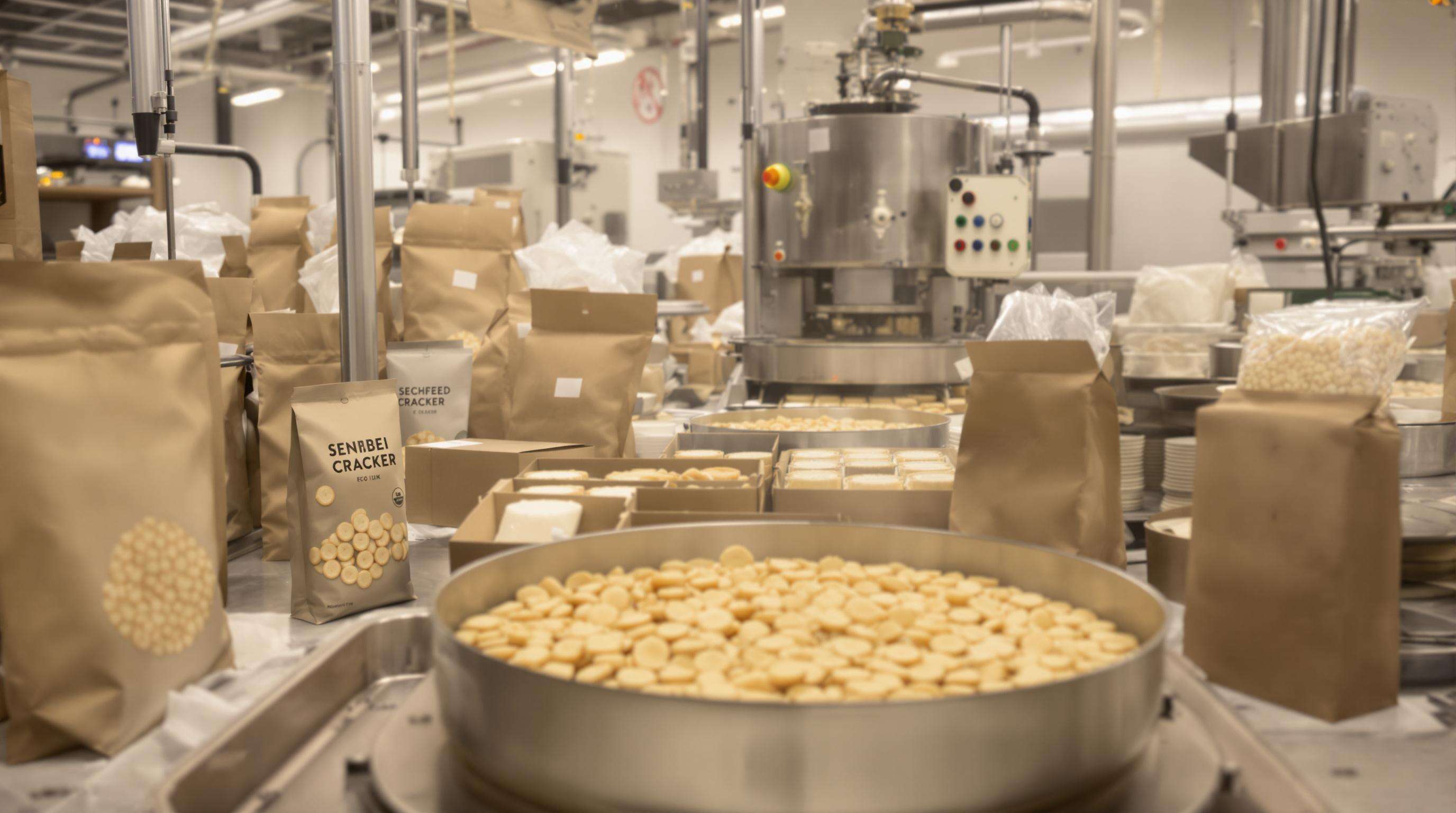 A modern snack factory producing senbei rice crackers with sustainable methods and eco-friendly packaging