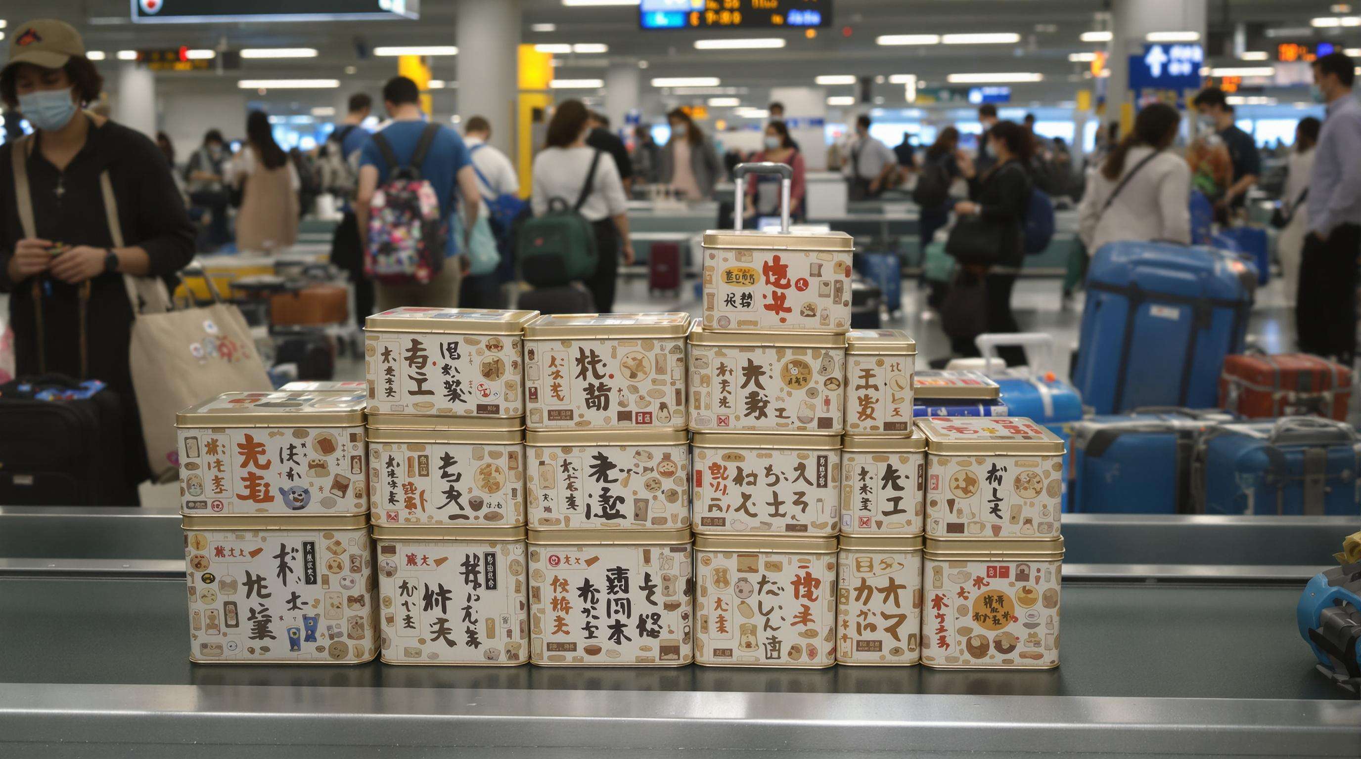 Senbei gift tins and snack boxes on an airport conveyor belt with international travelers passing by
