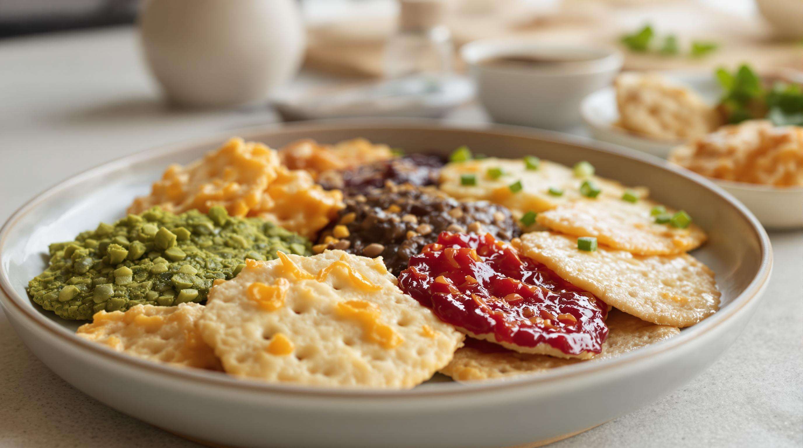 Variety of contemporary senbei rice crackers with unique toppings and colors on a ceramic platter