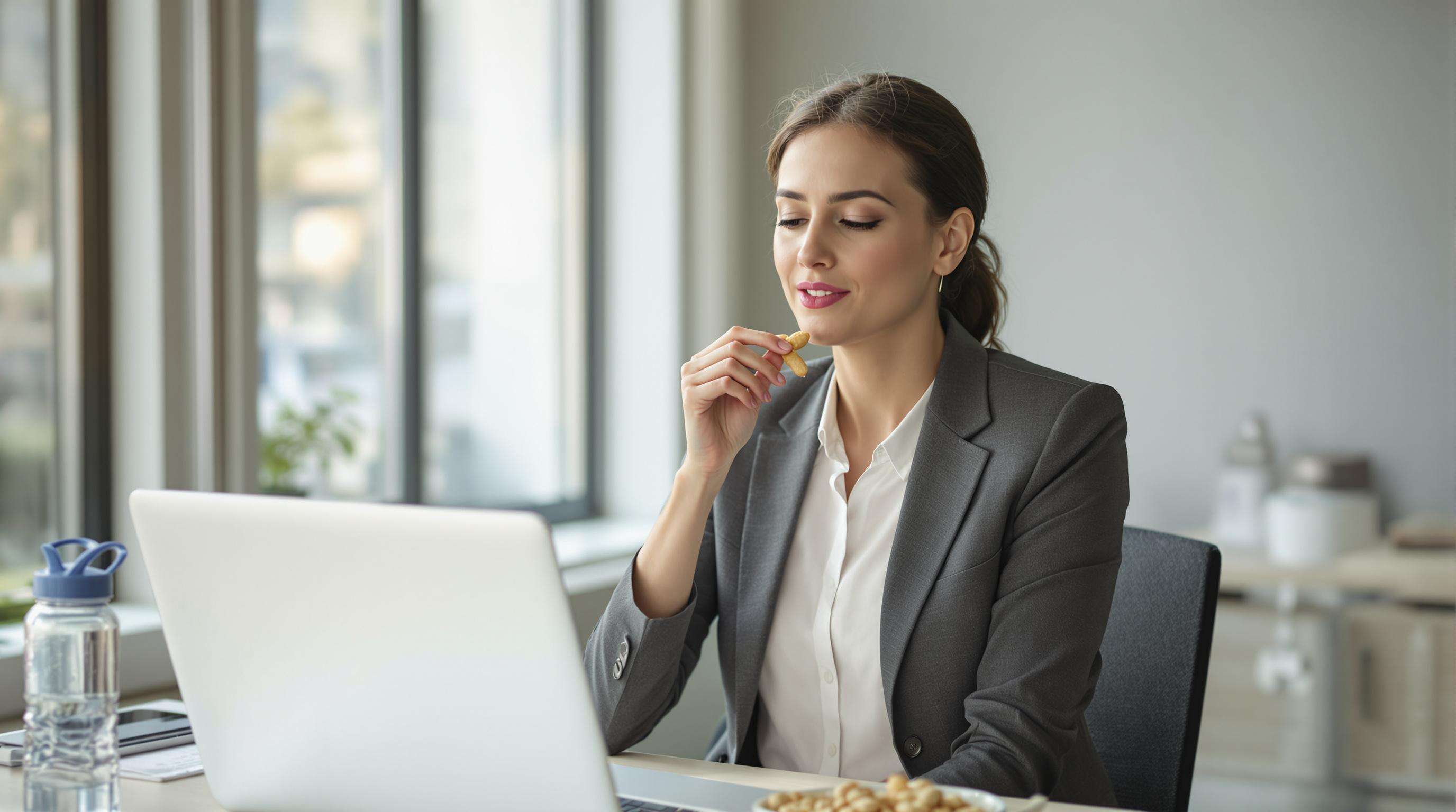 Businesswoman enjoying coated peanuts as a healthy snack at her office desk
