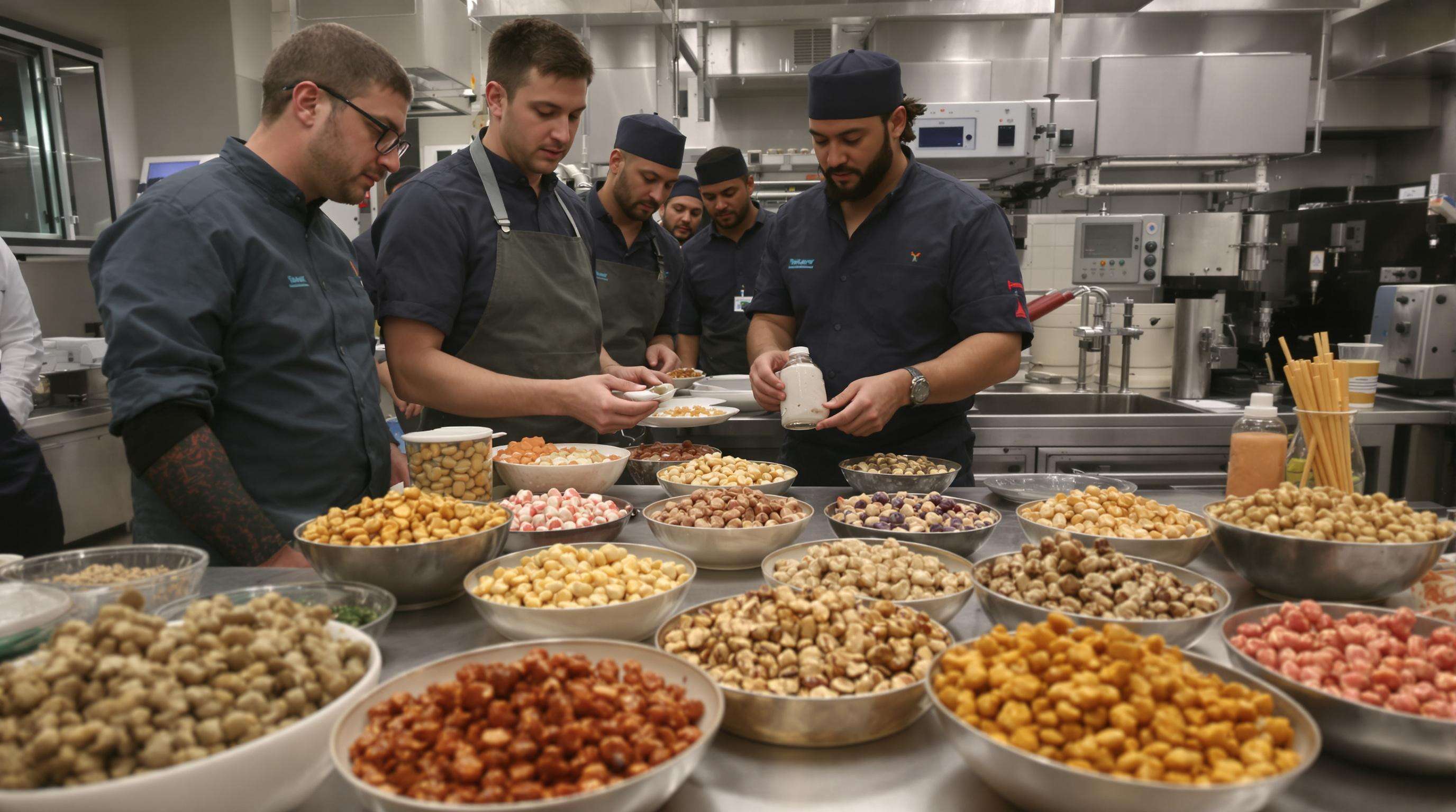 Food scientists experimenting with new coated peanut flavors and coatings in a test kitchen