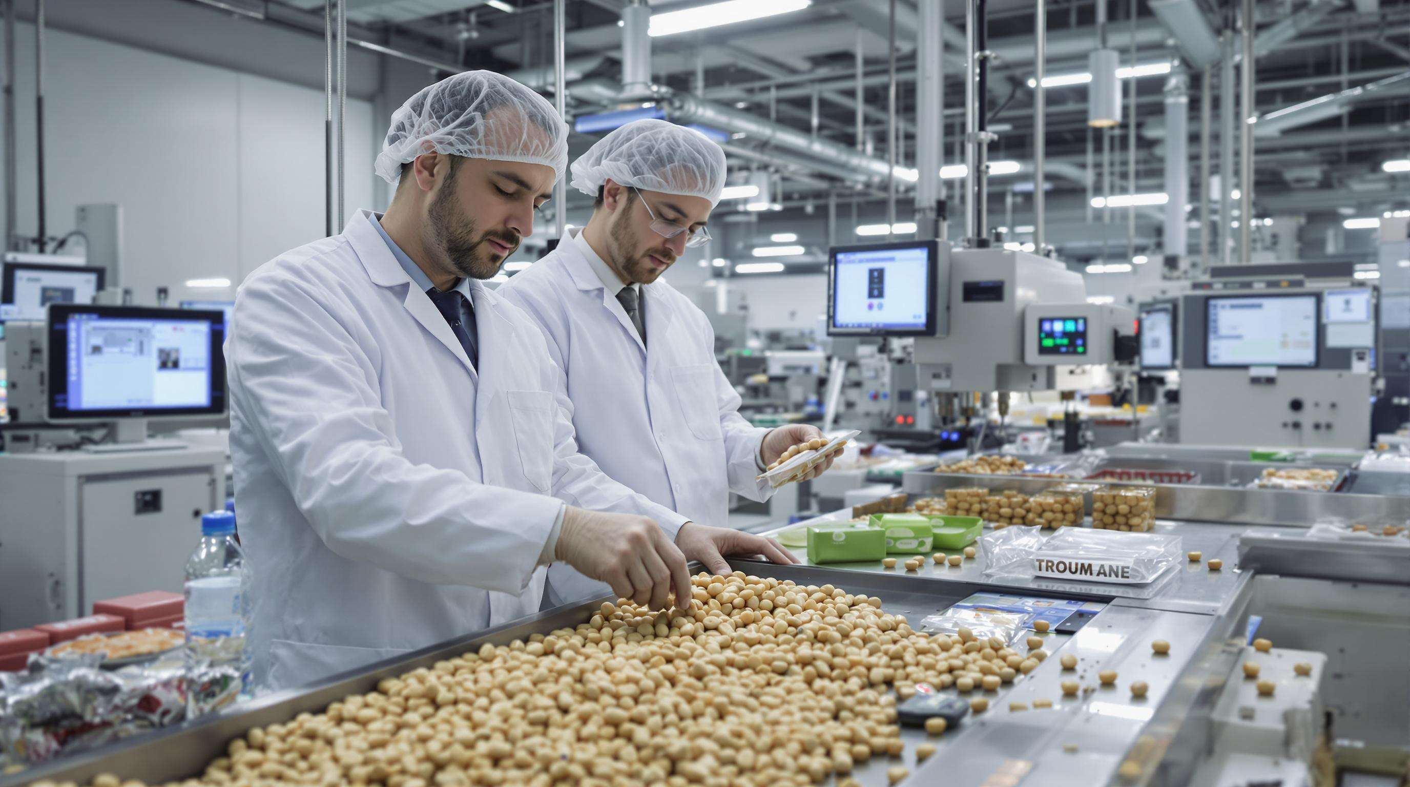 Scientists in a food lab analyzing coated peanuts and sustainable packaging materials