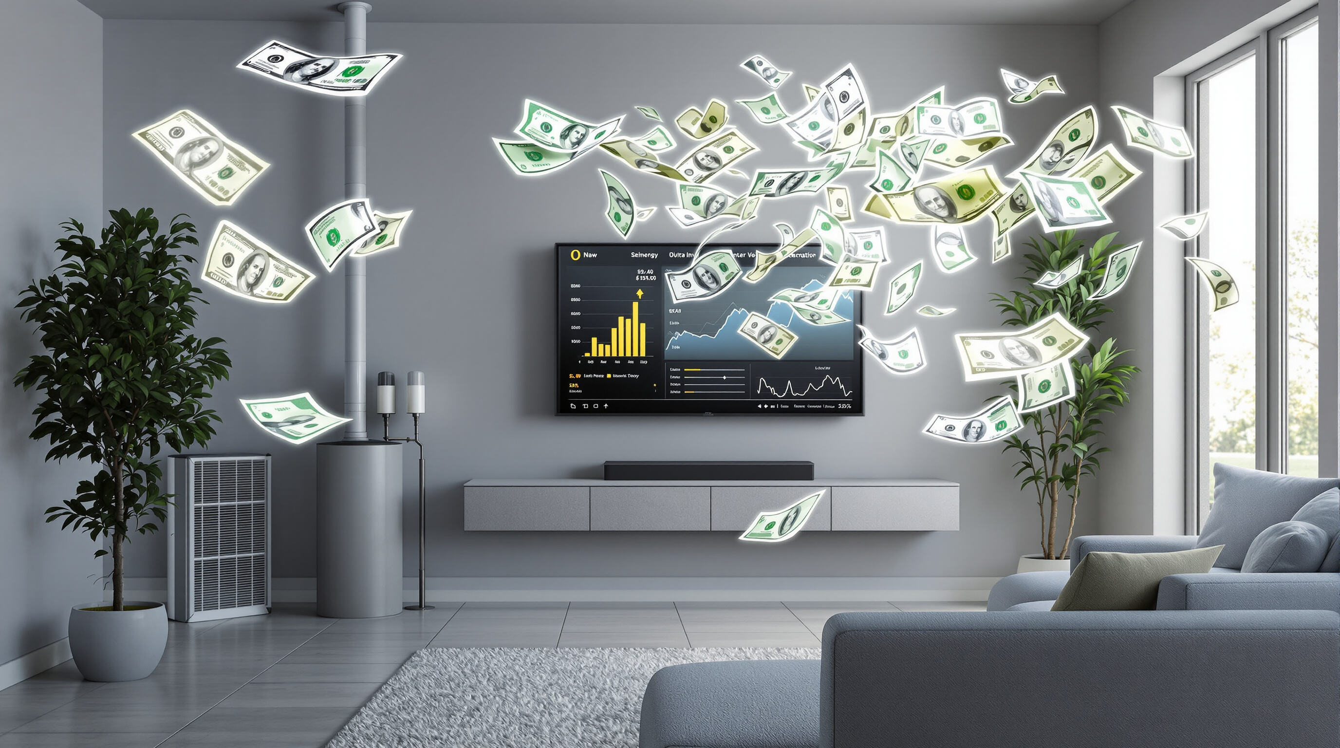 Photorealistic interior of a residential home with visible HVAC and ERV units, conveying energy and cost savings