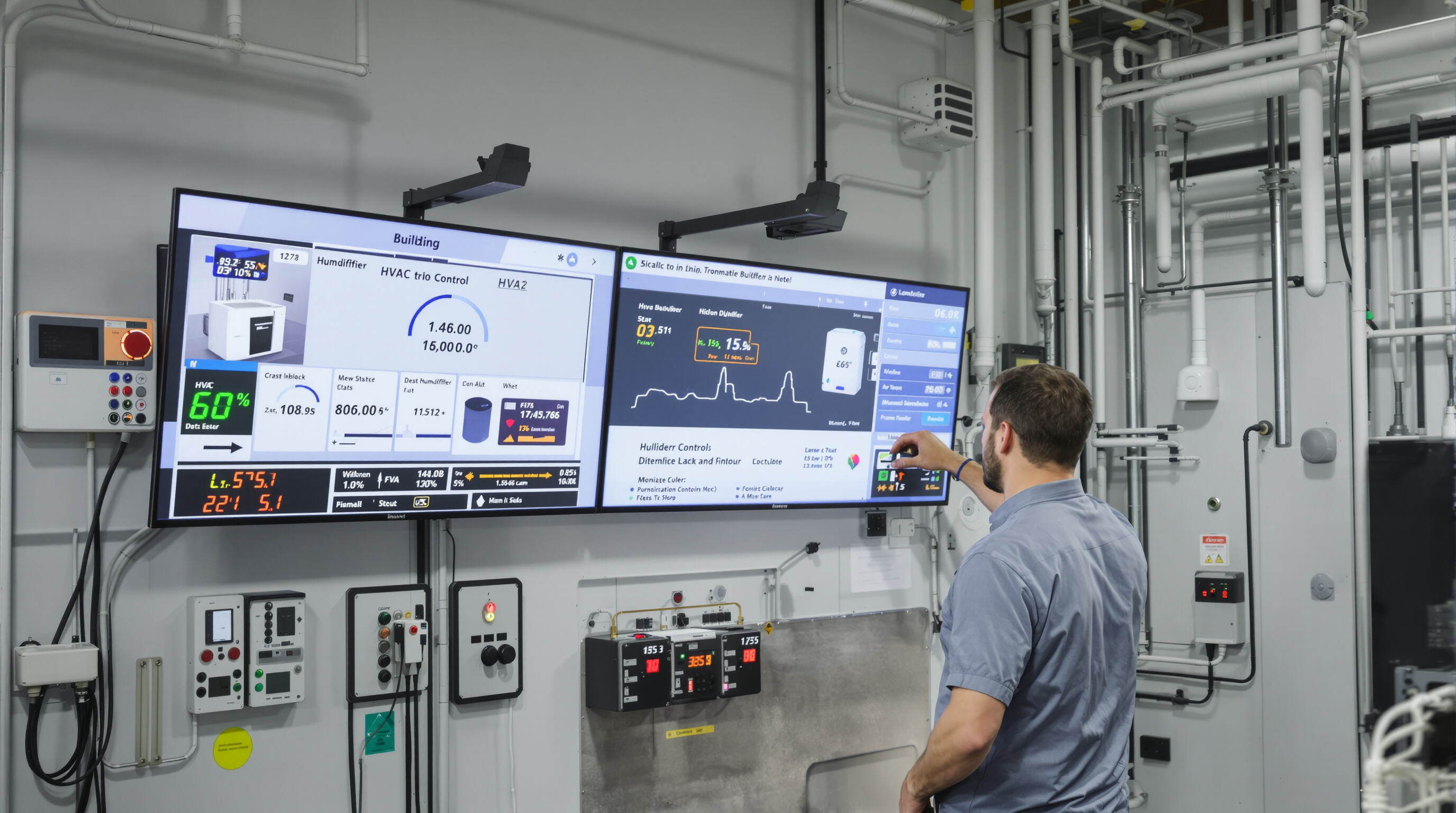 Technician adjusting smart HVAC and dehumidification controls in a modern building control center