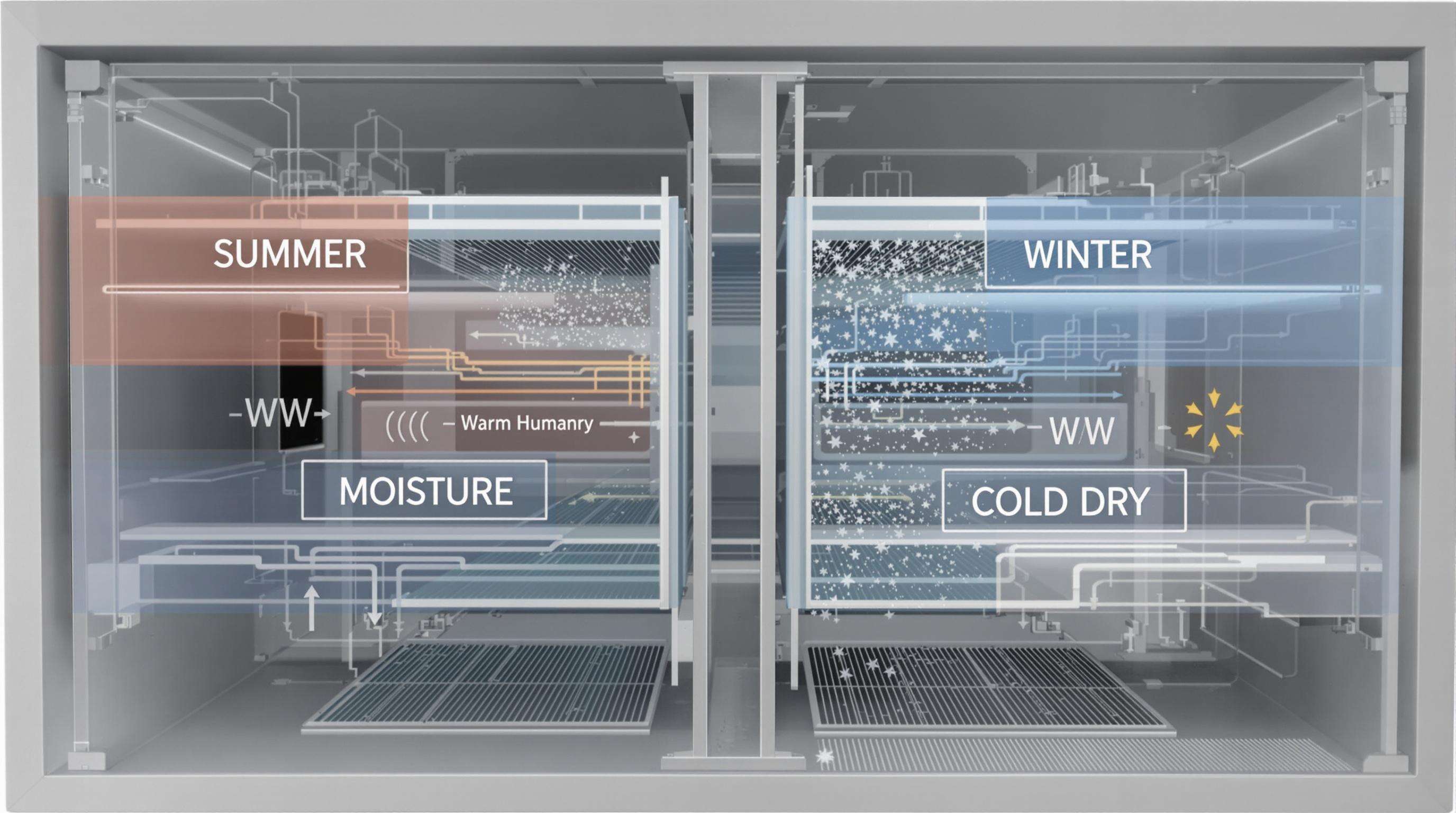Photorealistic cutaway of an ERV unit illustrating heat and moisture exchange between incoming and outgoing airflows in different seasons