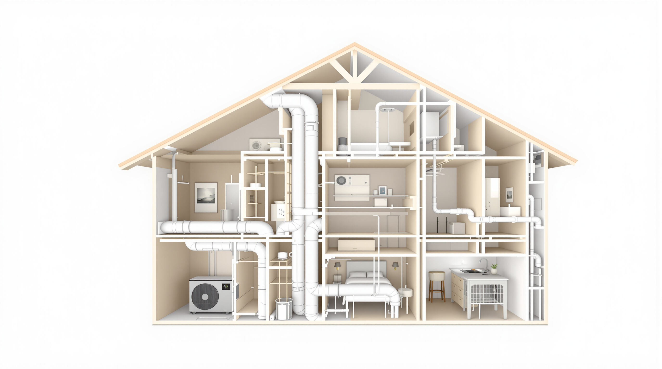 Photorealistic cross-section of a house with central ductwork distributing fresh air throughout multiple rooms.