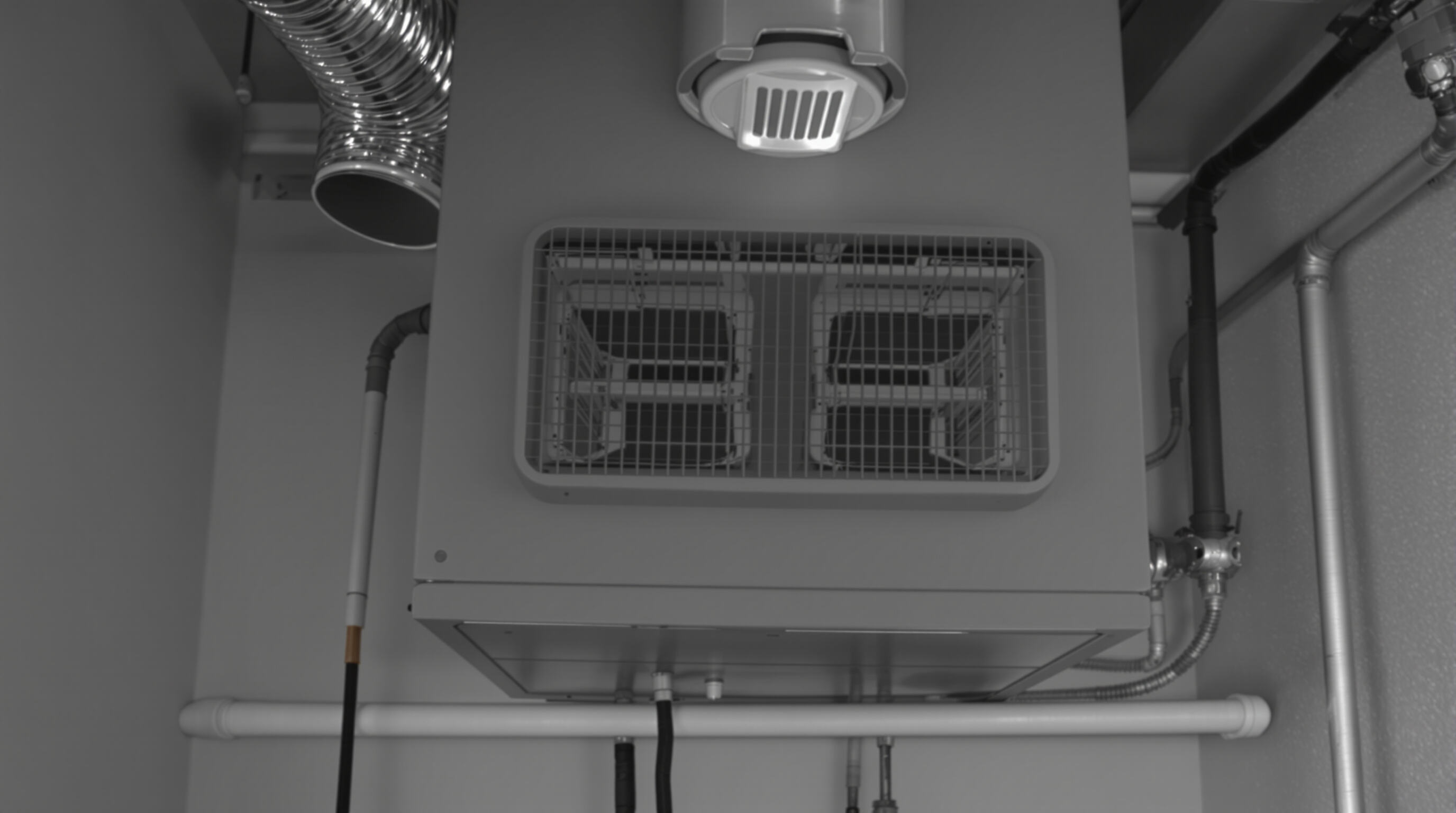 Balanced fresh air ventilation system with separate ducts for intake and exhaust mounted on a utility room wall in a modern home