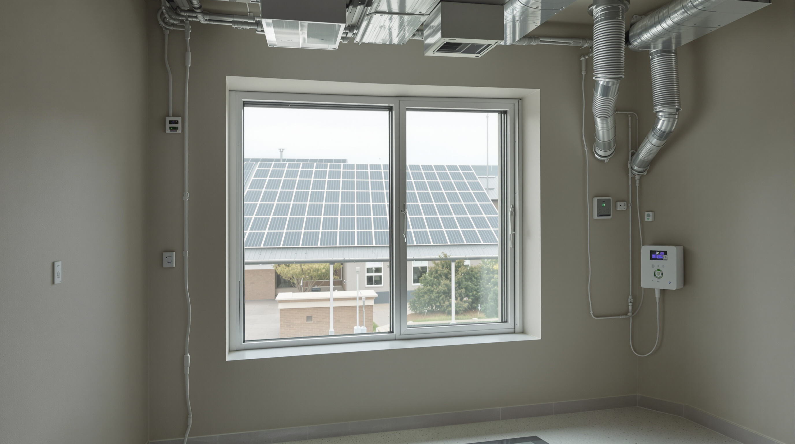 Smart building interior with advanced ventilation and energy-saving technologies visible