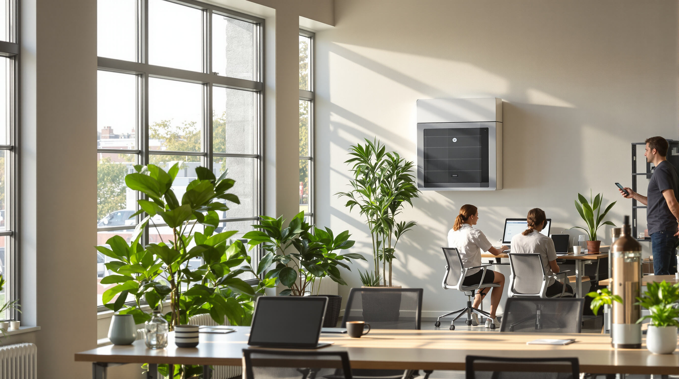 Modern office with fresh air system, natural light, healthy plants, and comfortable employees