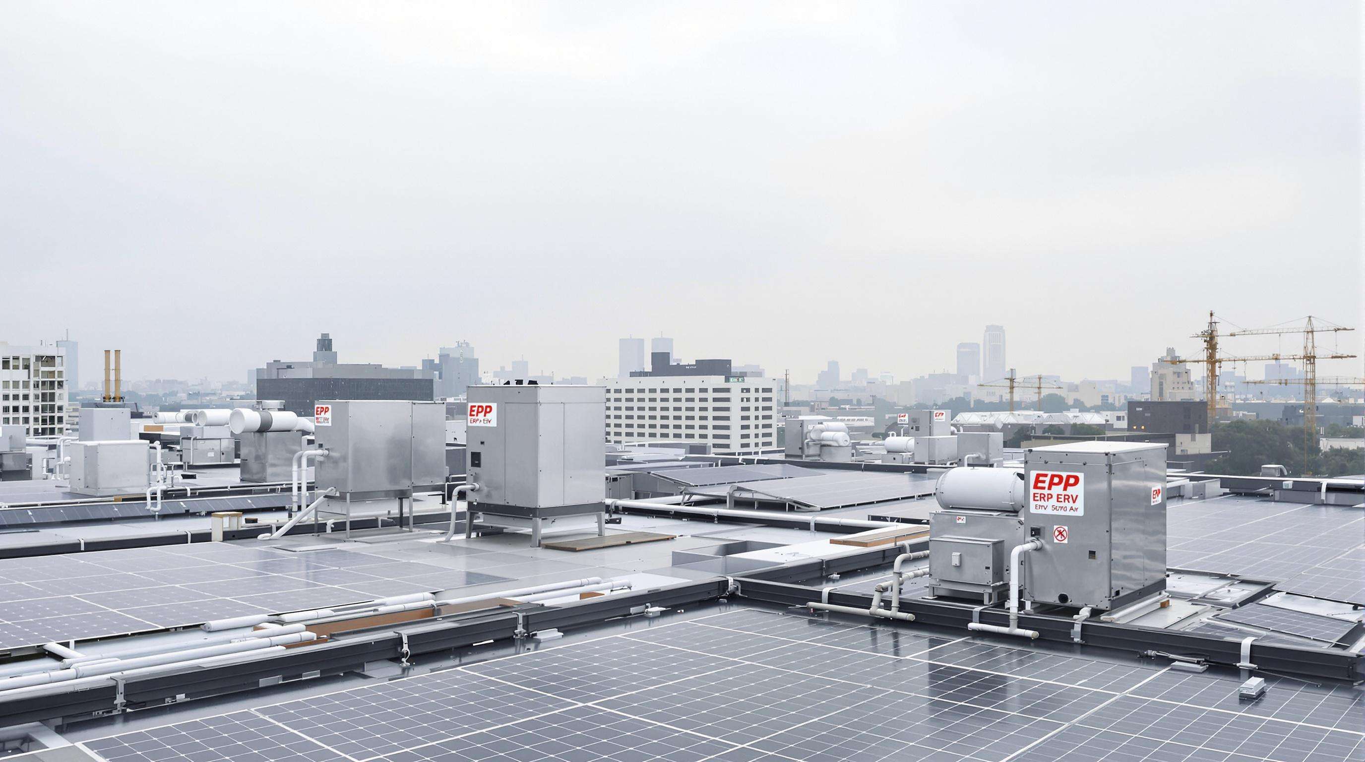 Photorealistic rooftop showing solar panels, EPP ERV units, and a clean city skyline