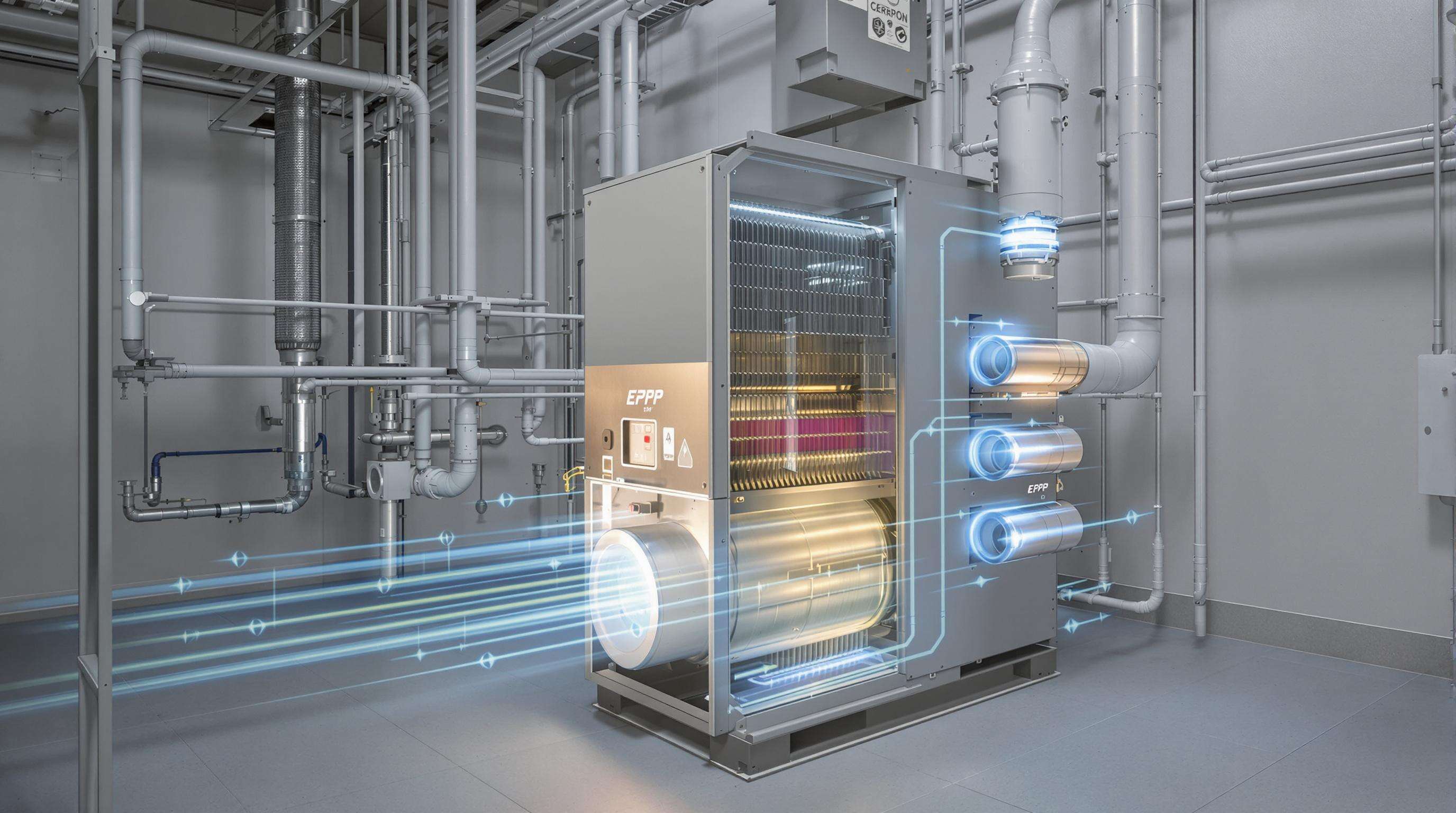 Photorealistic commercial EPP ERV unit in a mechanical room with polymer core and airflow hints