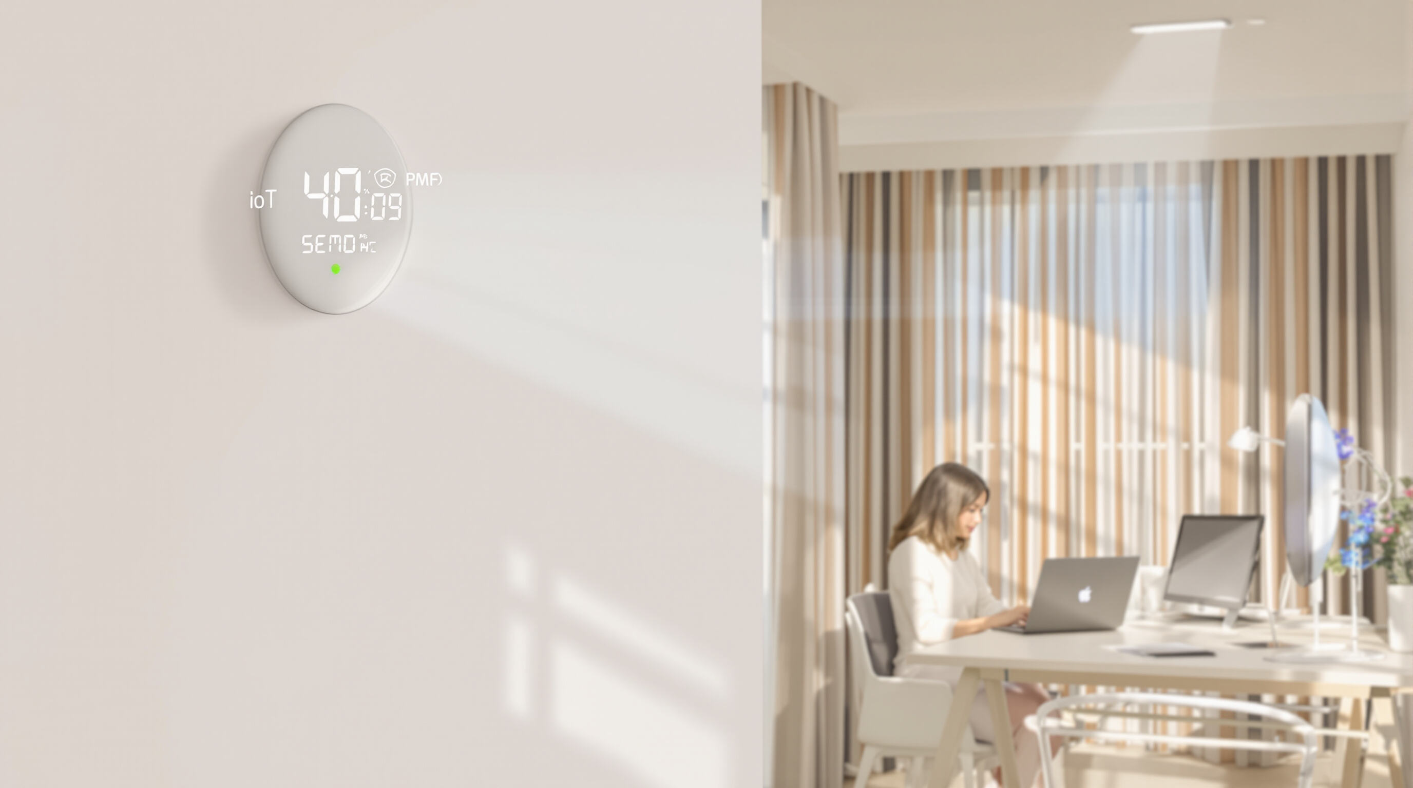 A home interior with IoT sensors and a smart ventilation system adjusting airflow, person working comfortably