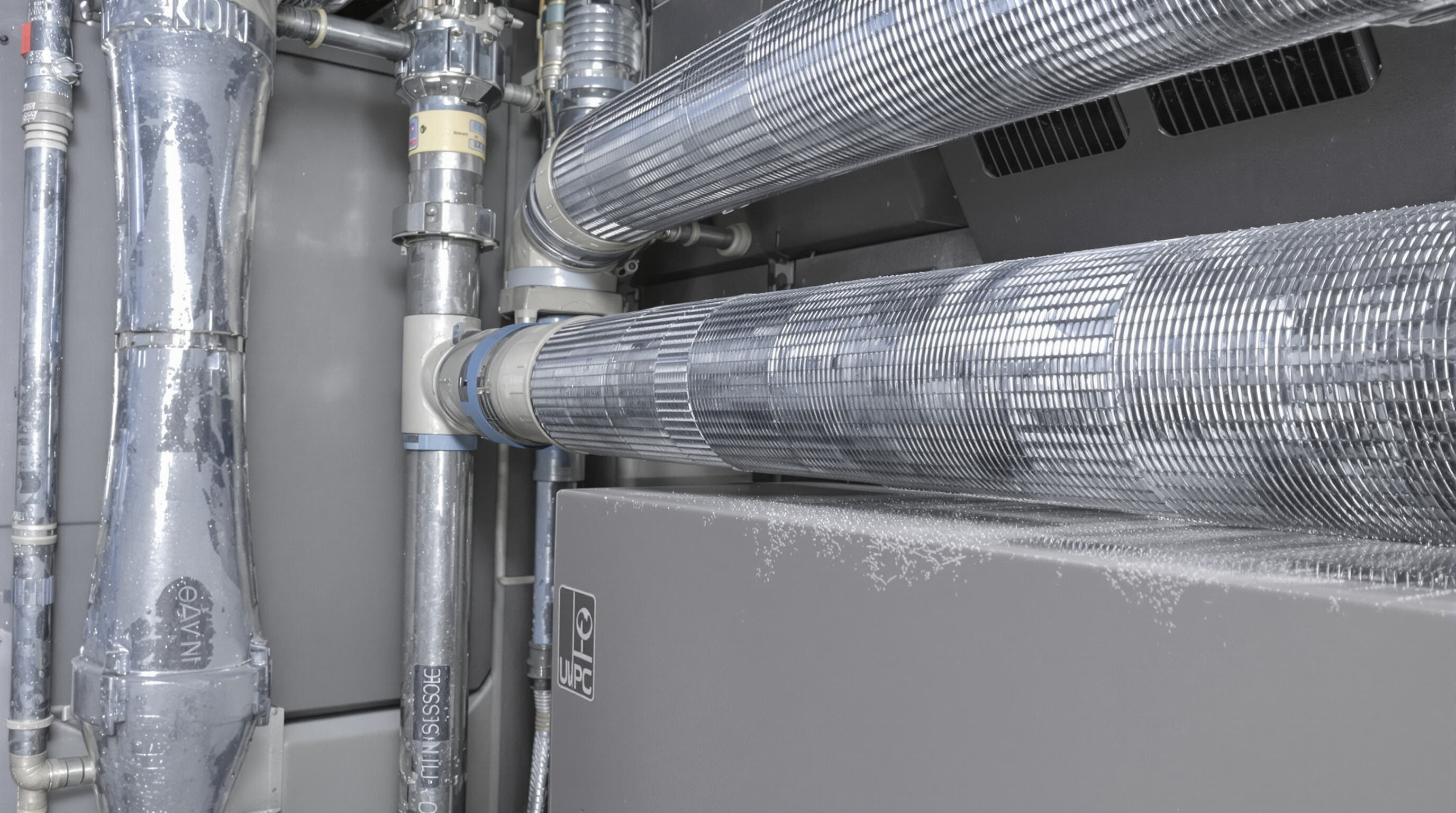 Photorealistic ERV unit connected to HVAC system in utility room, pipes and surfaces showing efficient energy exchange