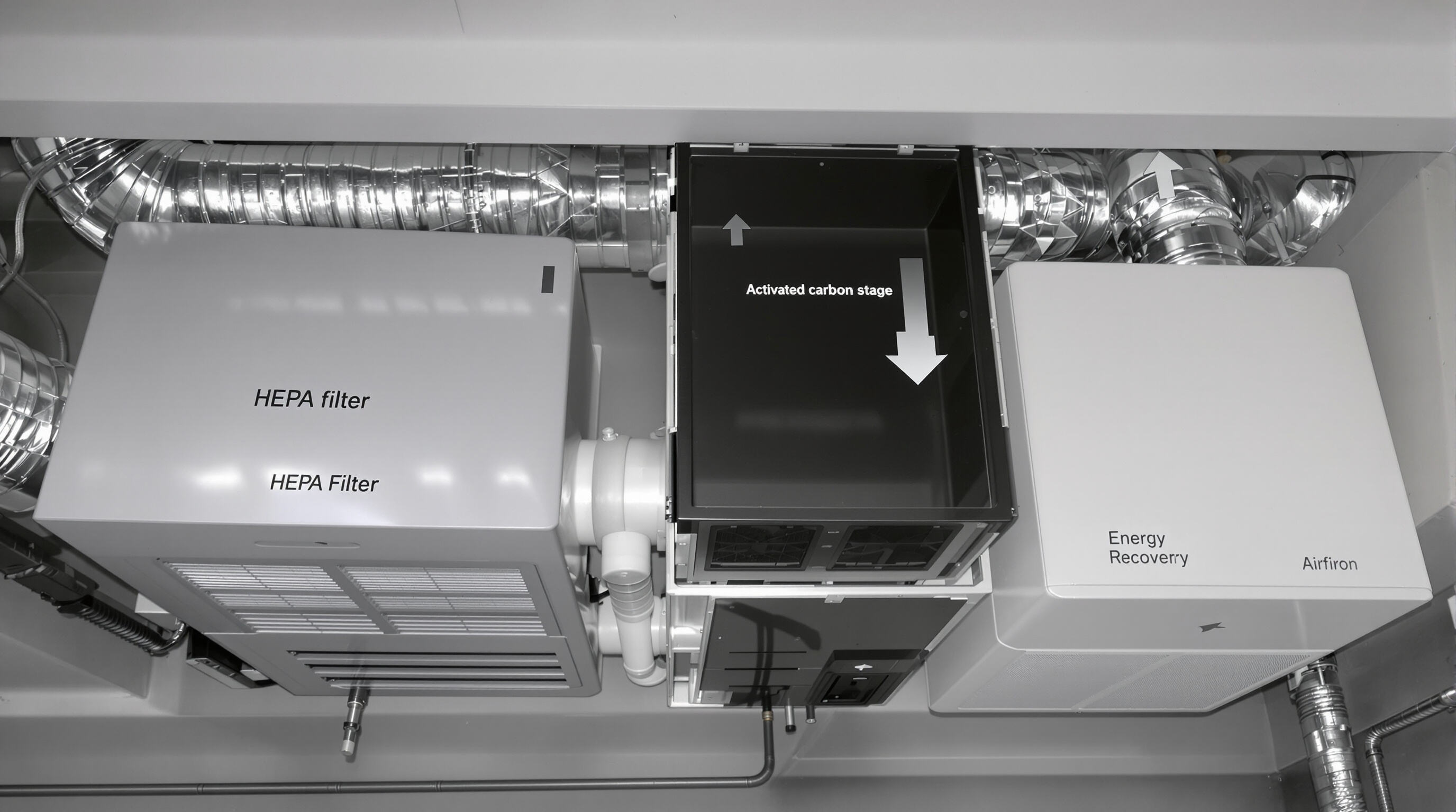 Ventilation system in a home utility space with multiple filtration units and visible ductwork