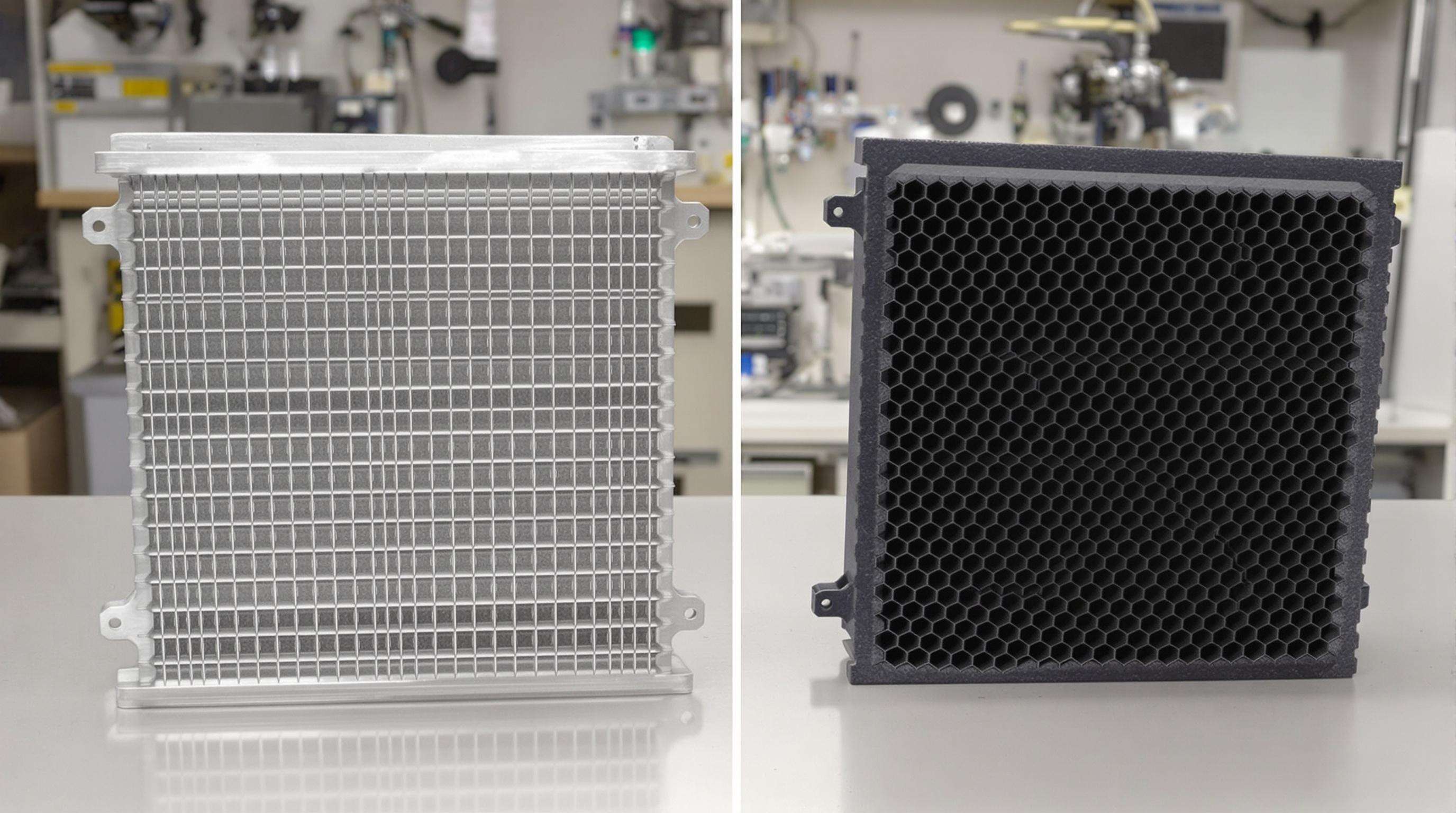 Realistic photo of aluminum and EPP energy recovery ventilator cores displayed side by side in a lab.
