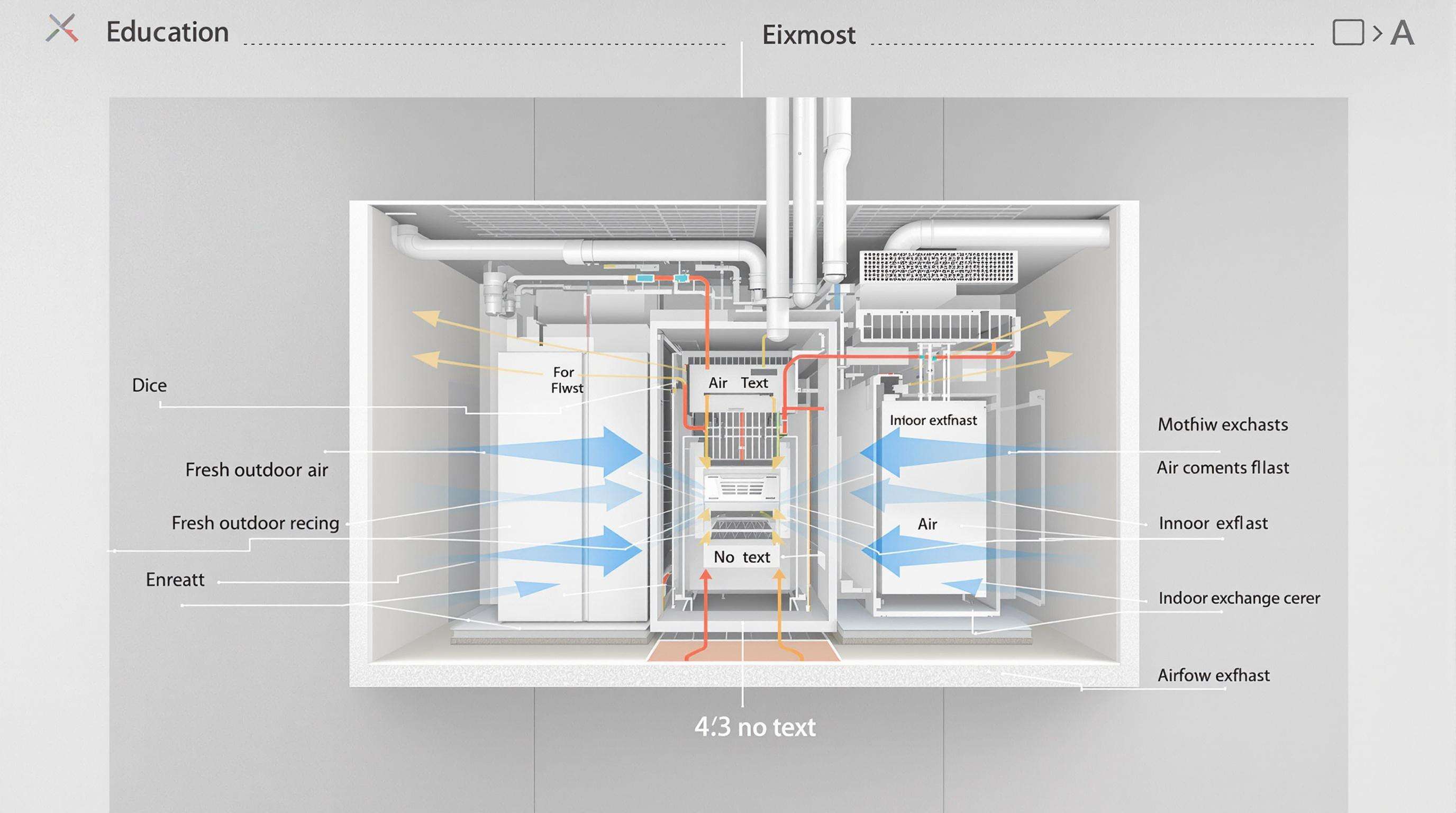 Photorealistic cutaway of an energy recovery ventilation system exchanging indoor and outdoor air.