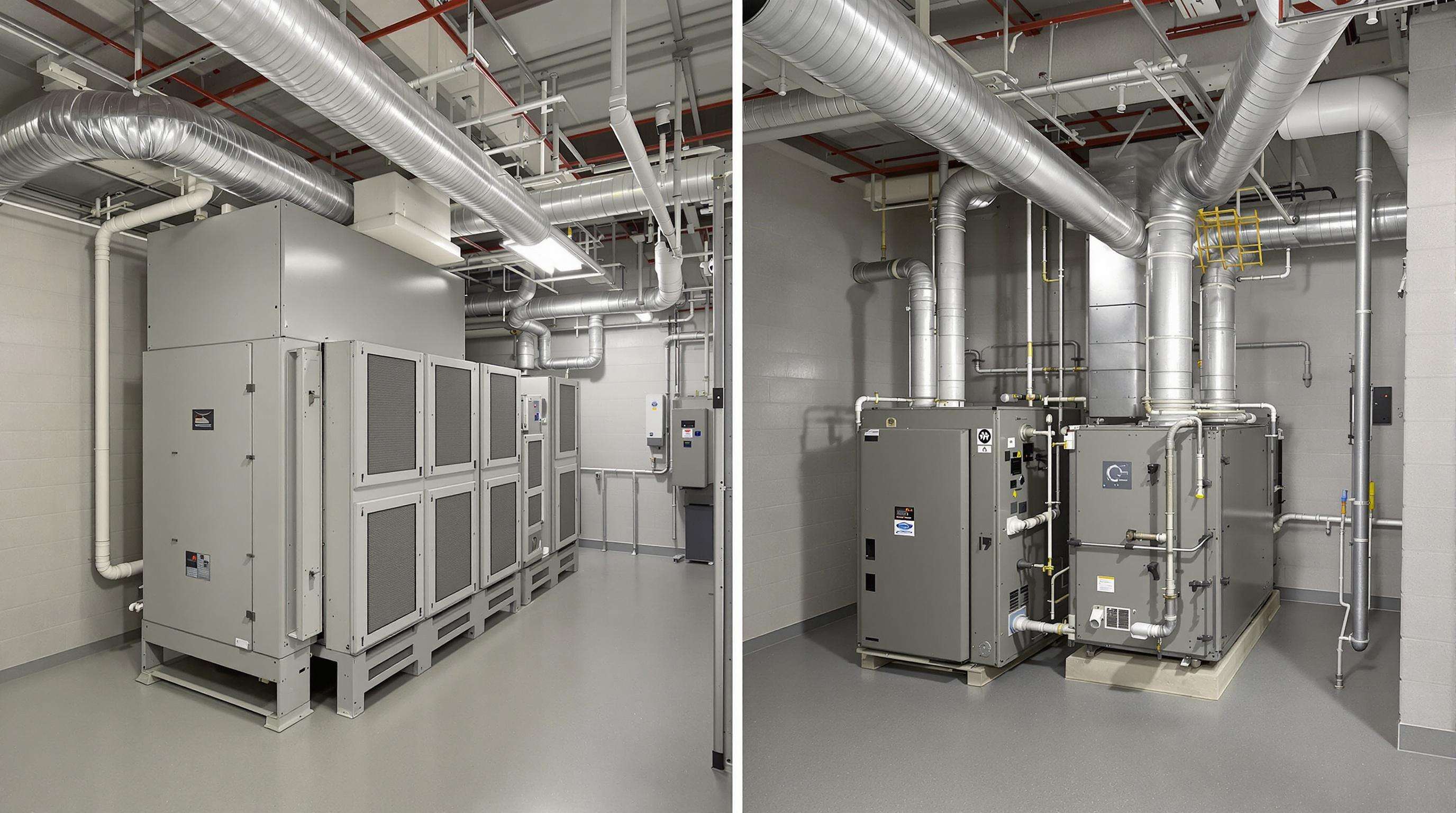 Photorealistic comparison of two mechanical rooms—one with bulky HVAC equipment, another with smaller, streamlined units and less ductwork
