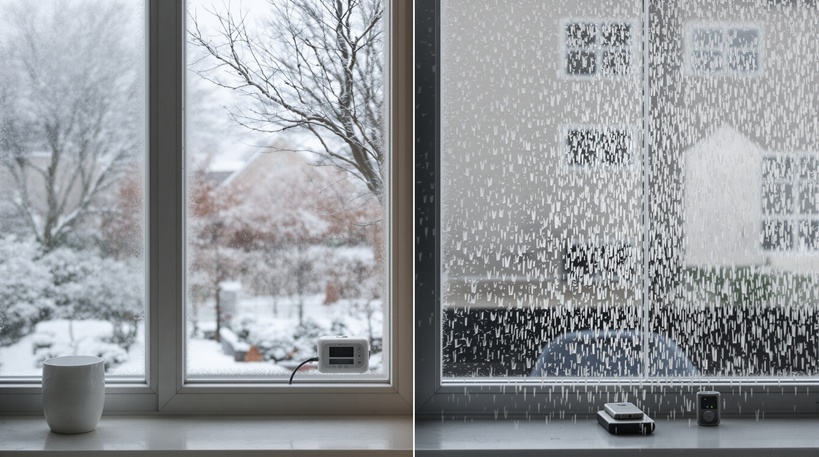 Interior of a modern home with one half depicting winter with cold, frosty windows and heaters, and the other half depicting summer with humid air and condensation, highlighting seasonal ventilation issues