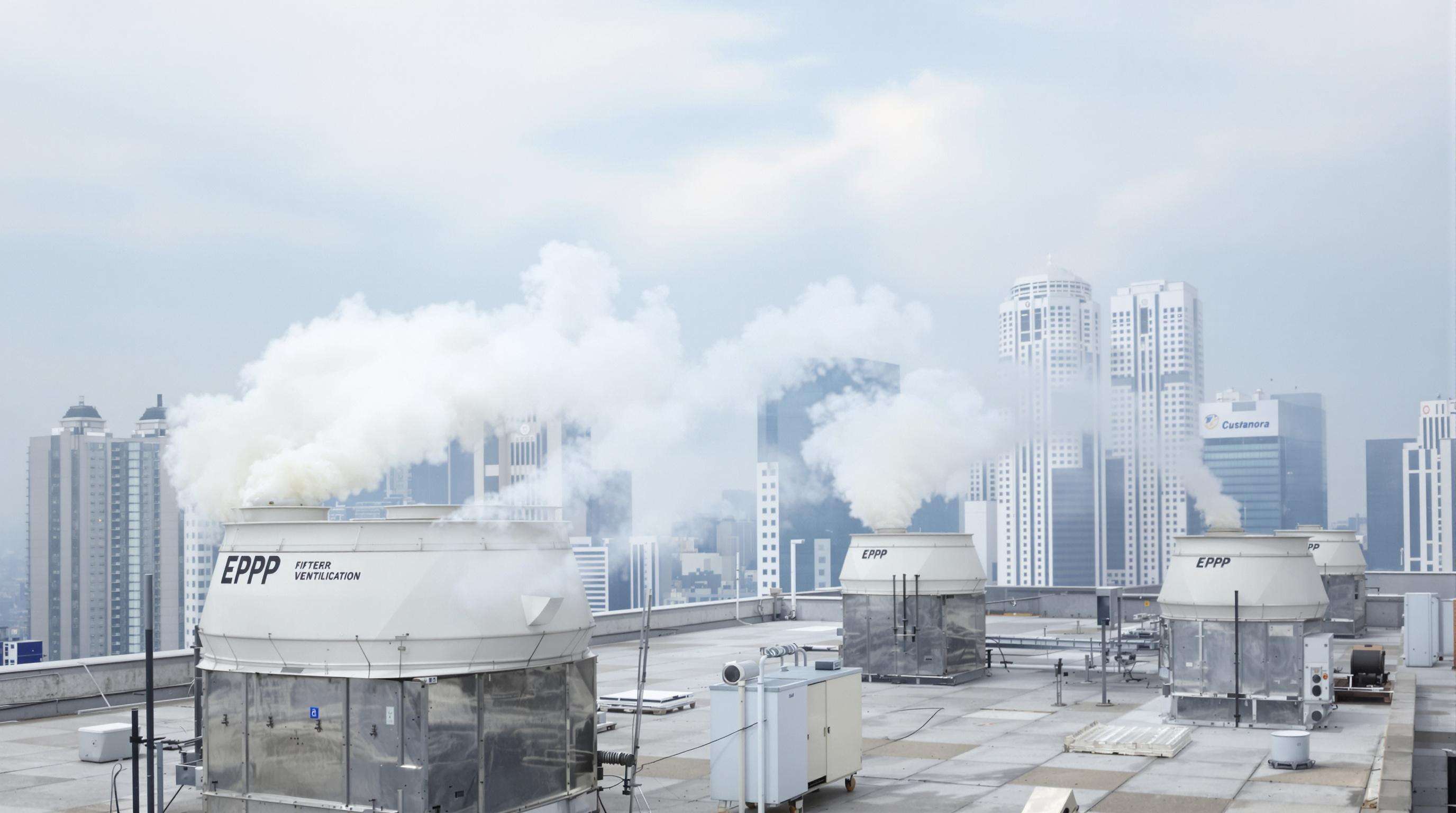 Urban energy recovery ventilator units on a city rooftop expelling clean air against a backdrop of high-rise buildings