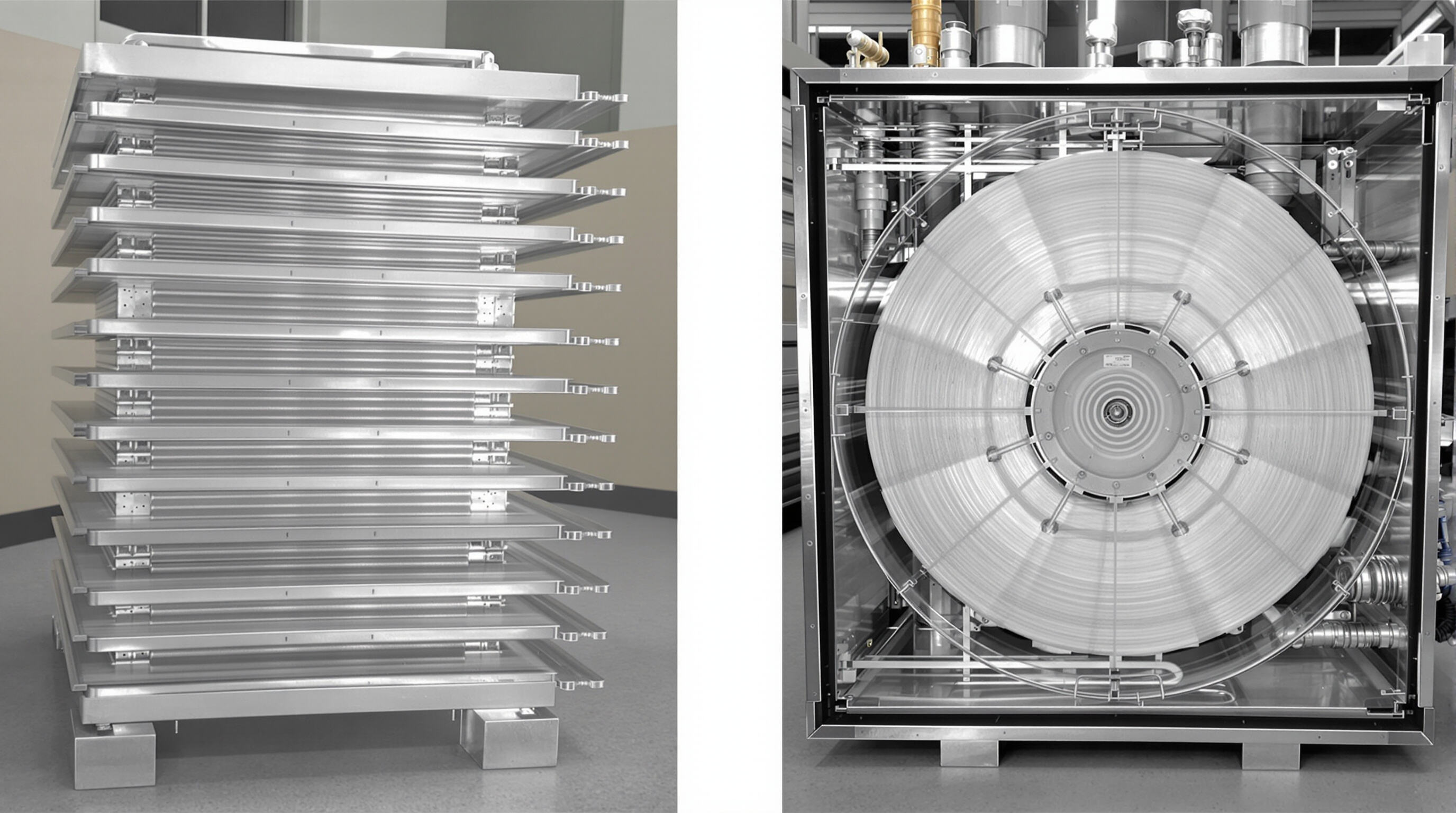 Photorealistic image of a plate heat exchanger next to a rotary heat exchanger inside HVAC equipment