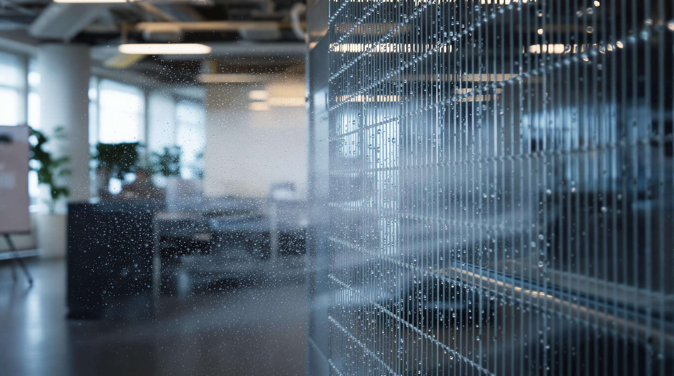 Modern HVAC unit in office with visible controlled humidity and gentle vapor