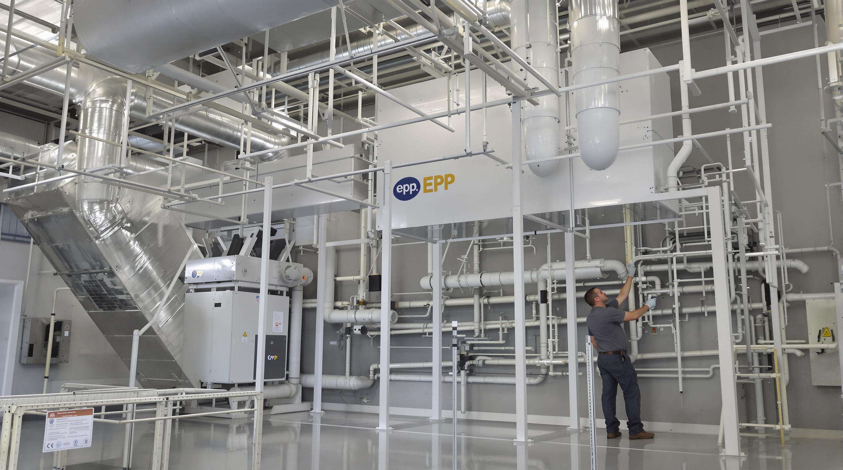 Technician inspecting a modern EPP energy recovery ventilator with advanced heat exchangers and ducts in a commercial space