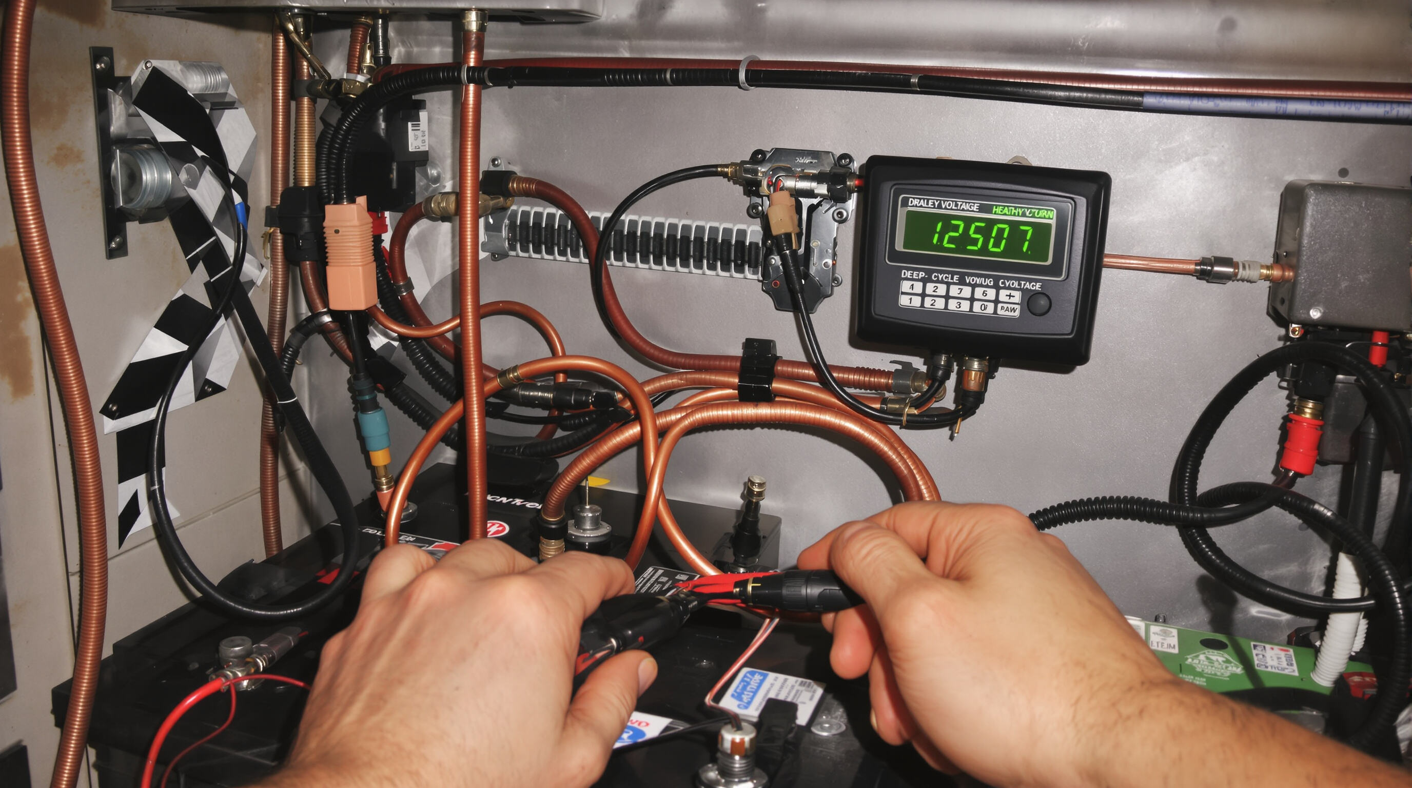Technician inspecting clean RV battery bank with voltmeter in organized compartment