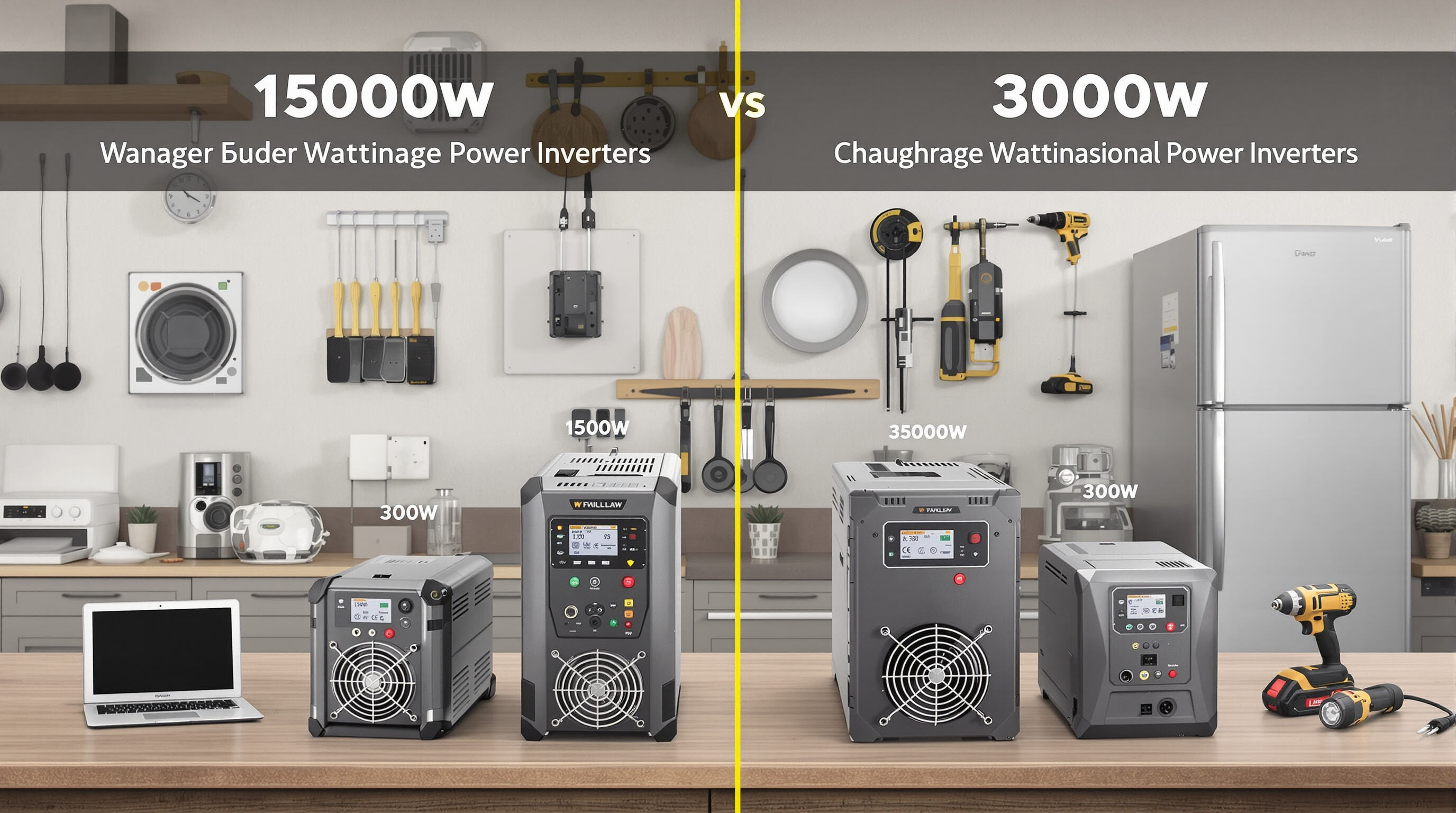 Multiple power inverters of different sizes on a workbench near appliances representing varying wattage needs